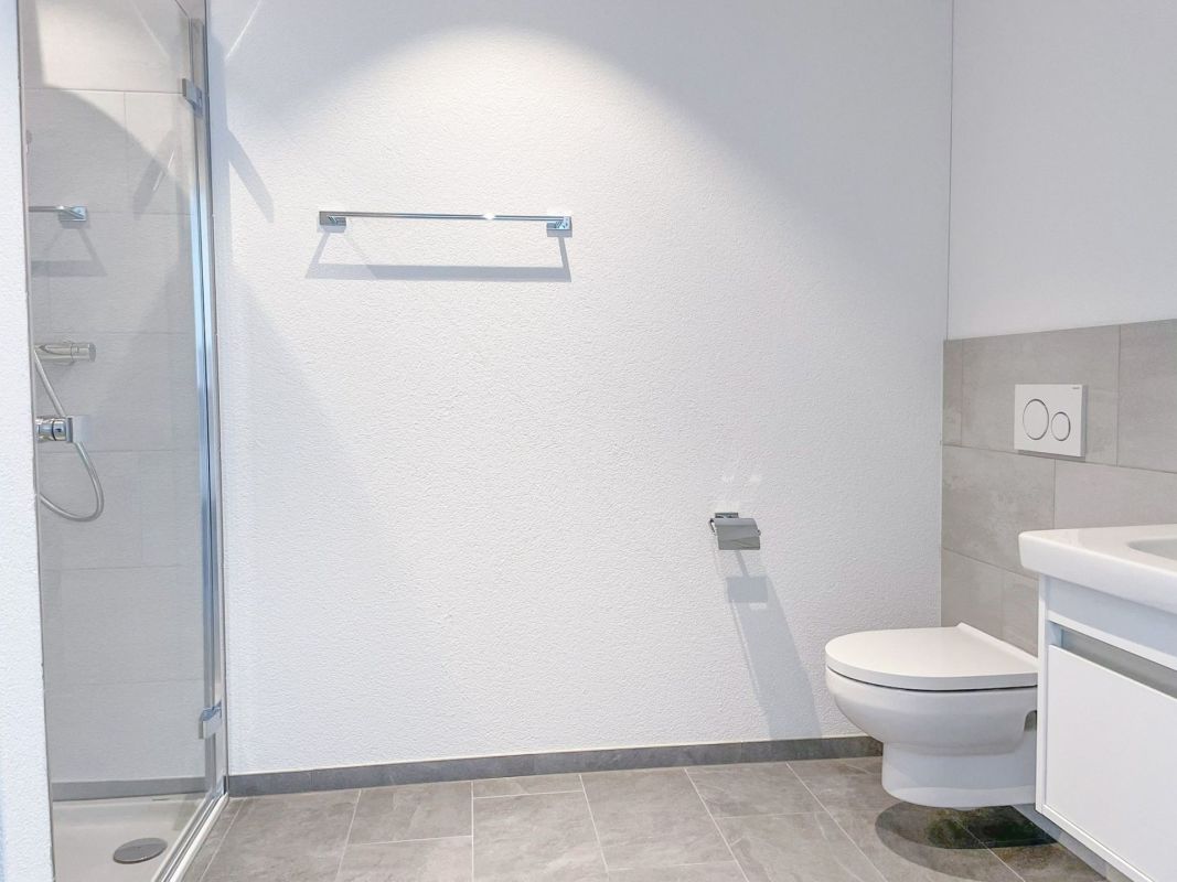 Modernes Badezimmer mit Dusche und wandhängendem WC