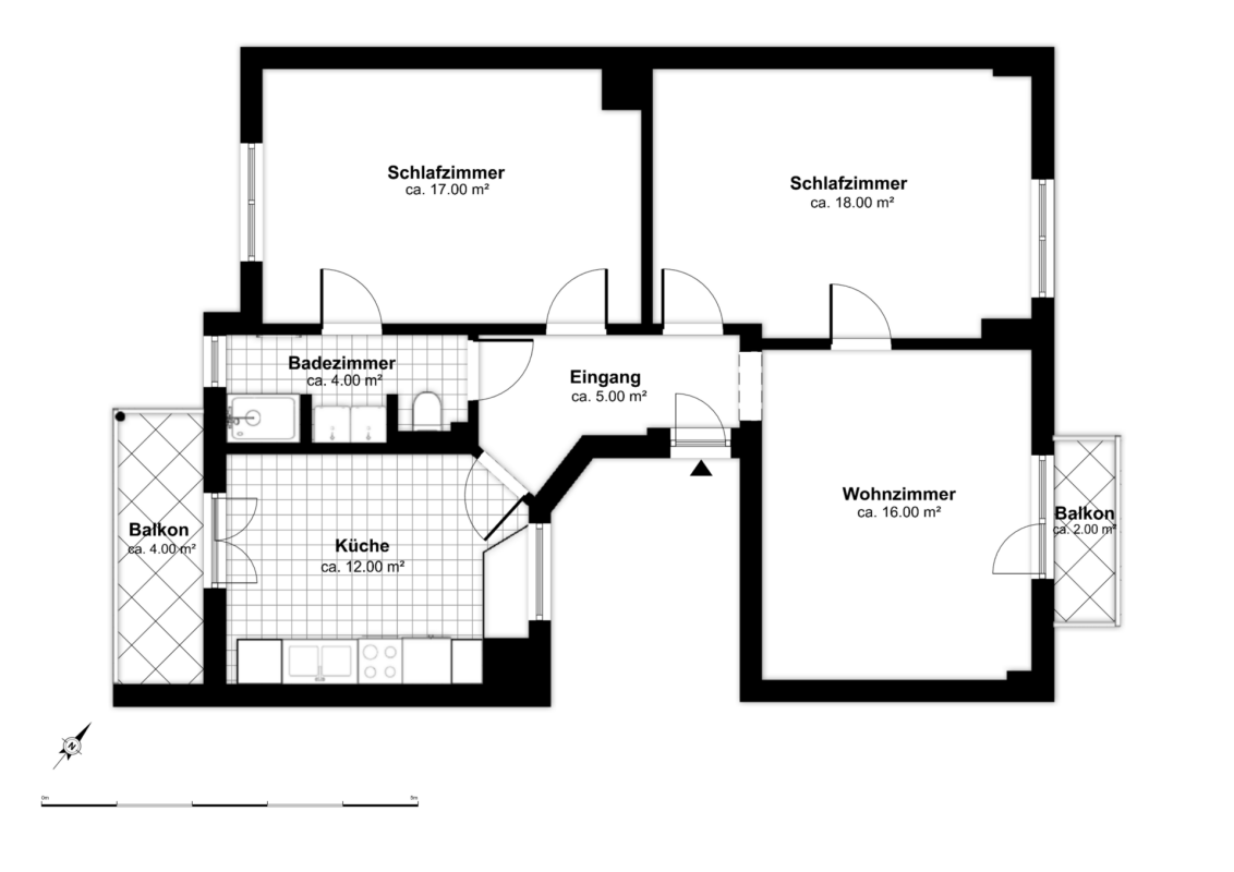 Grundriss einer Wohnung mit zwei Schlafzimmern, Wohnzimmer, Küche, Badezimmer, Eingang und Balkonen