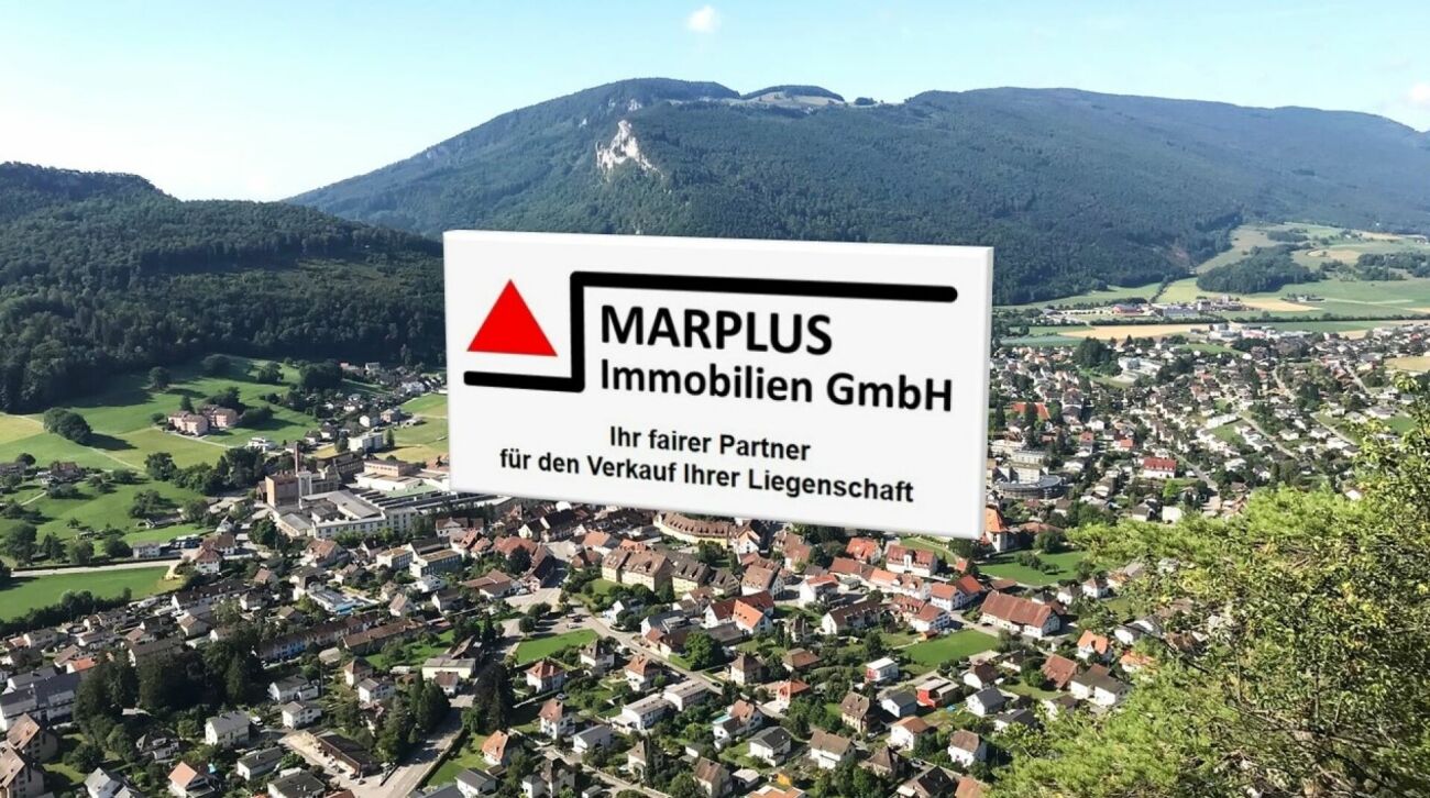 Luftaufnahme einer Stadt in Tallage mit Bergkulisse und Werbeoverlay