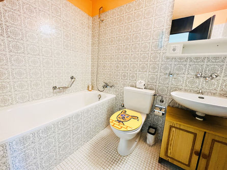 Kleines Badezimmer mit Badewanne, WC und Waschtisch