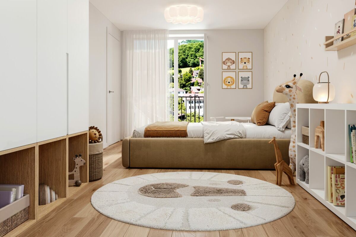 Kinderspielzimmer mit Bett und Stauraum