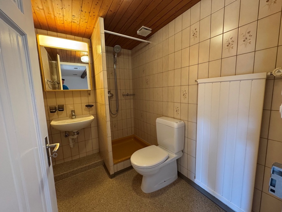 Kleines Bad mit WC, Waschbecken und Dusche