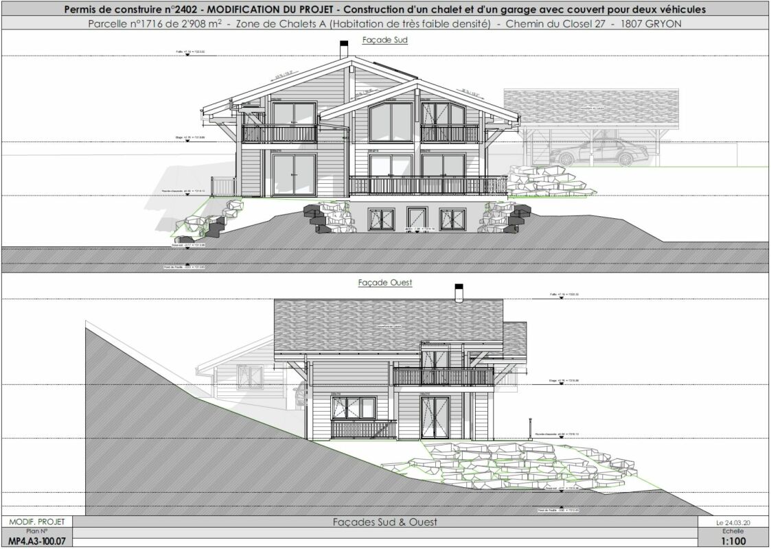 Architektur-Schnitt mit Süd- und Westfassade eines Chalets