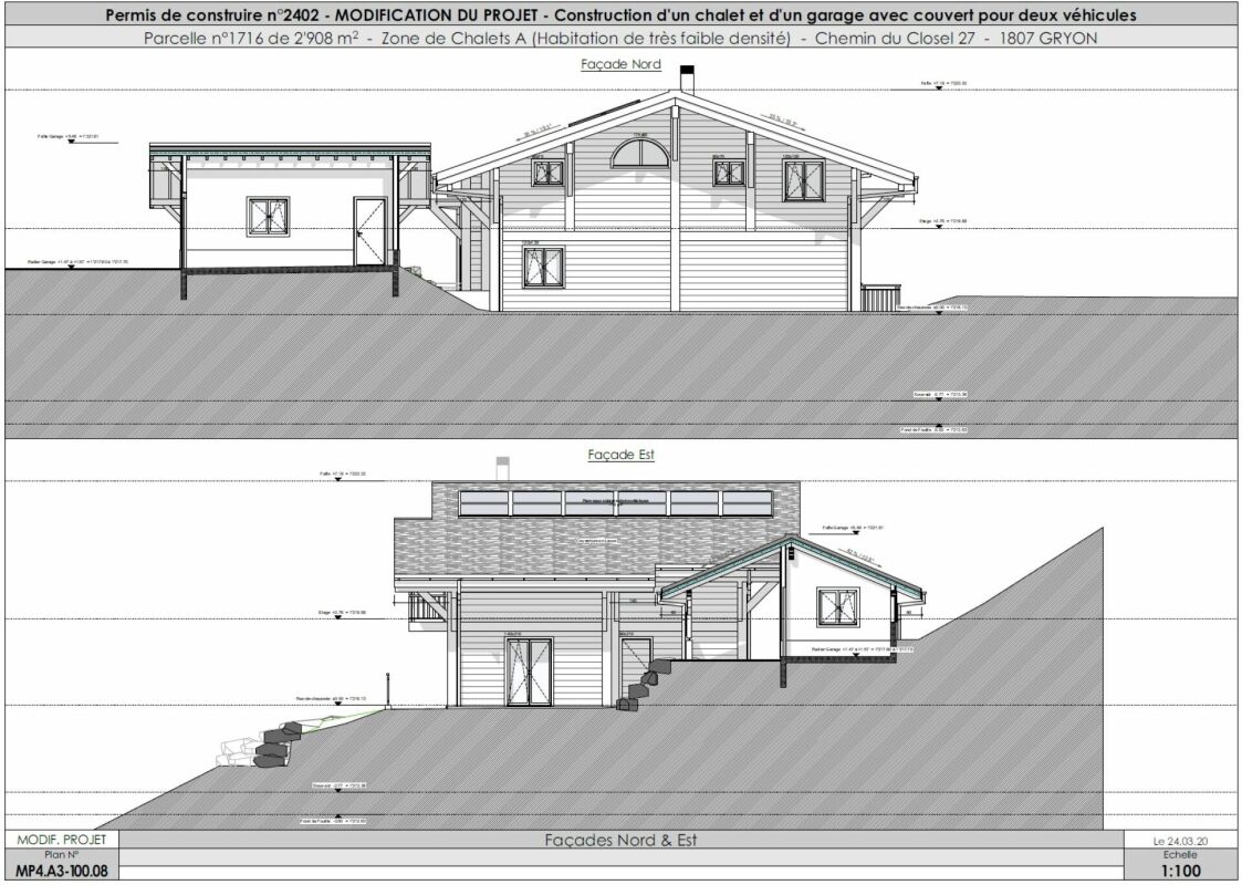 Architekturzeichnung eines Chalets und Garagenanbaus