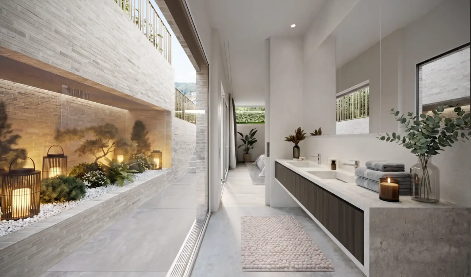 Luxuriöses, helles Badezimmer mit offener Terrasse