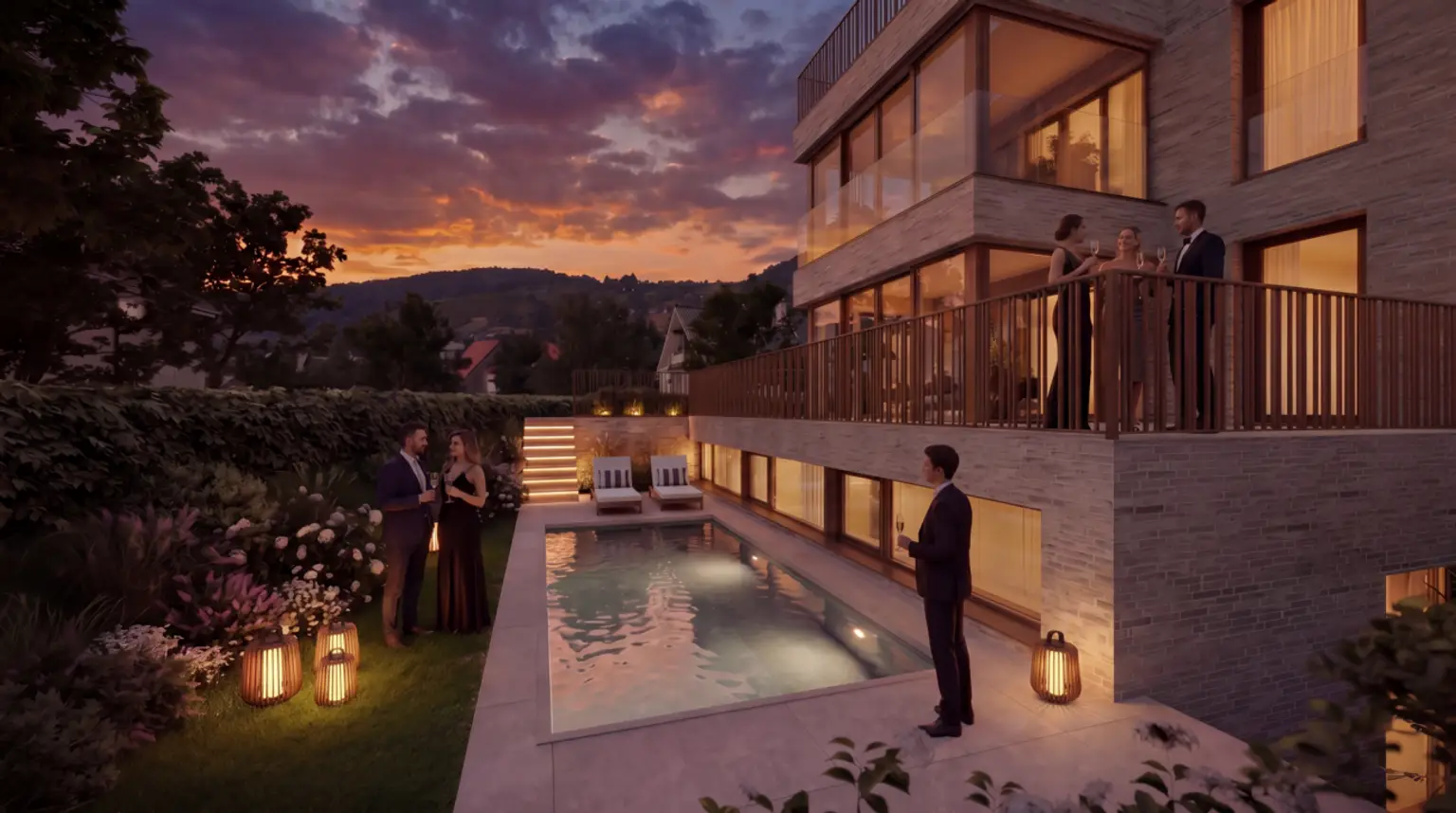 Luxuriöse Außenansicht mit Pool bei Sonnenuntergang