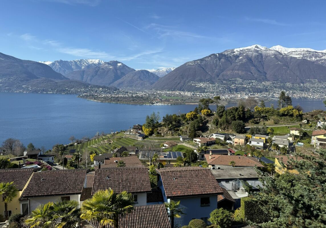Seeblick mit Bergen und Wohngebiet
