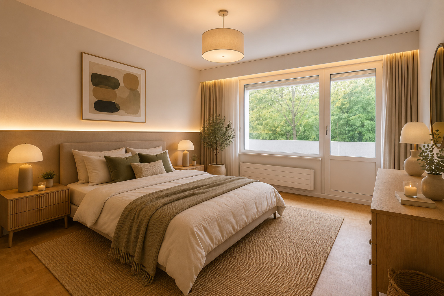 Schlafzimmer mit warmem Tageslicht