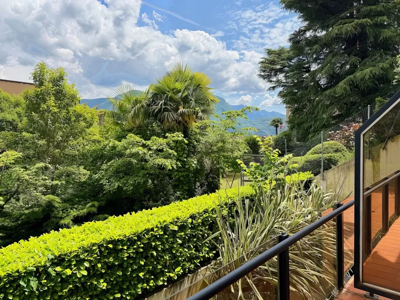 Garten- und Bergblick von einer Terrasse