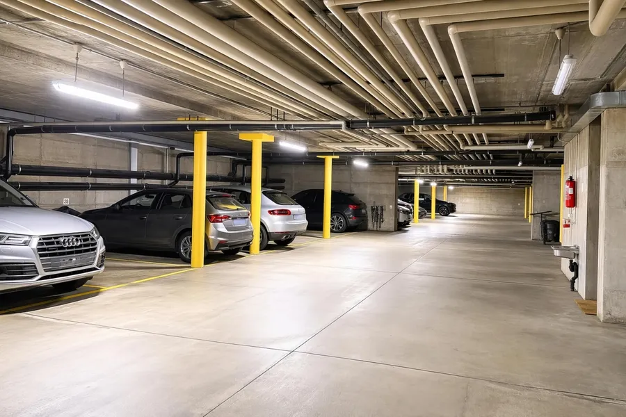 Tiefgarage mit Parkplätzen und Fahrzeugen