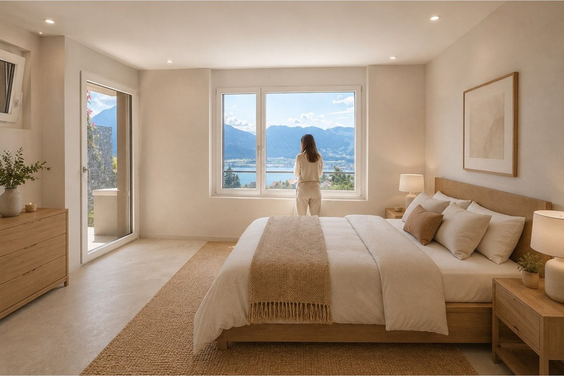 Helles Schlafzimmer mit Berg- und Seeblick