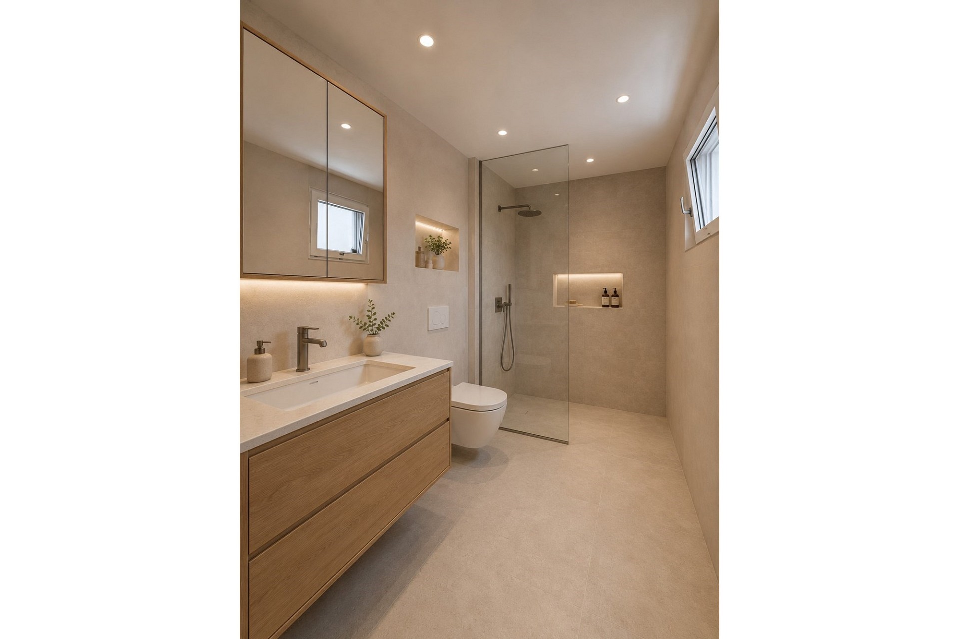 Modernes Badezimmer mit Walk-in-Dusche und Holzwaschtisch