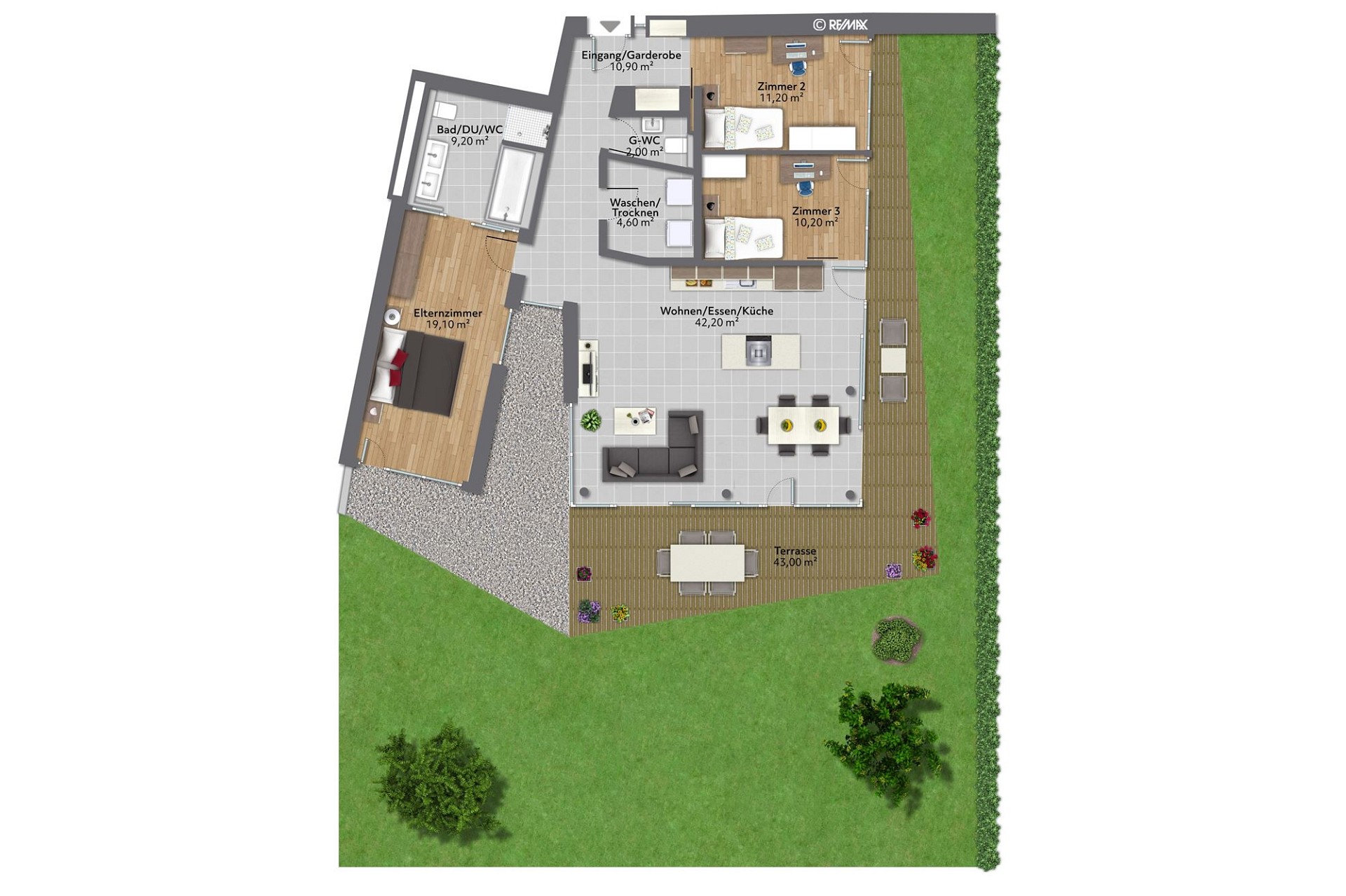 Grundriss mit Garten und Terrasse