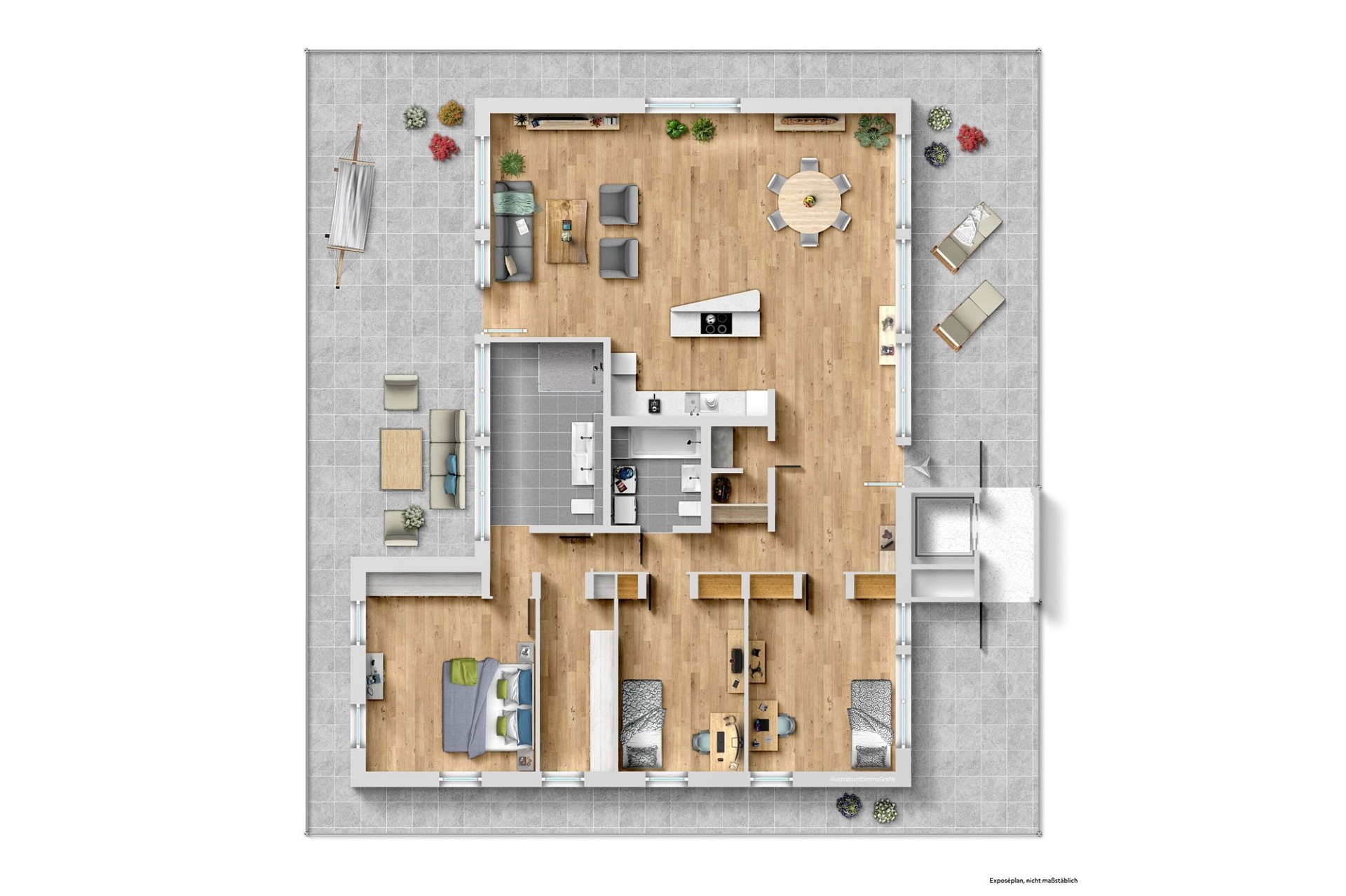 Grundriss einer großzügigen Wohnung mit Terrasse und mehreren Zimmern