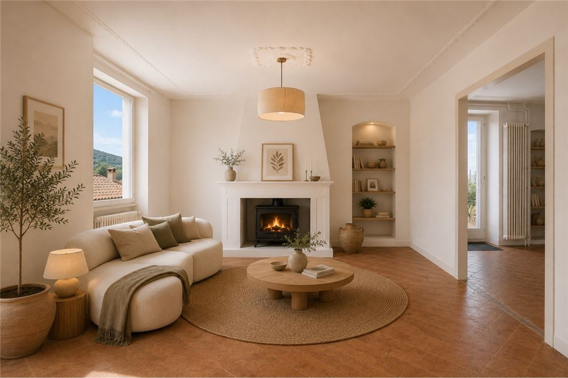 Gemütliches Wohnzimmer mit Kamin und Naturtönen