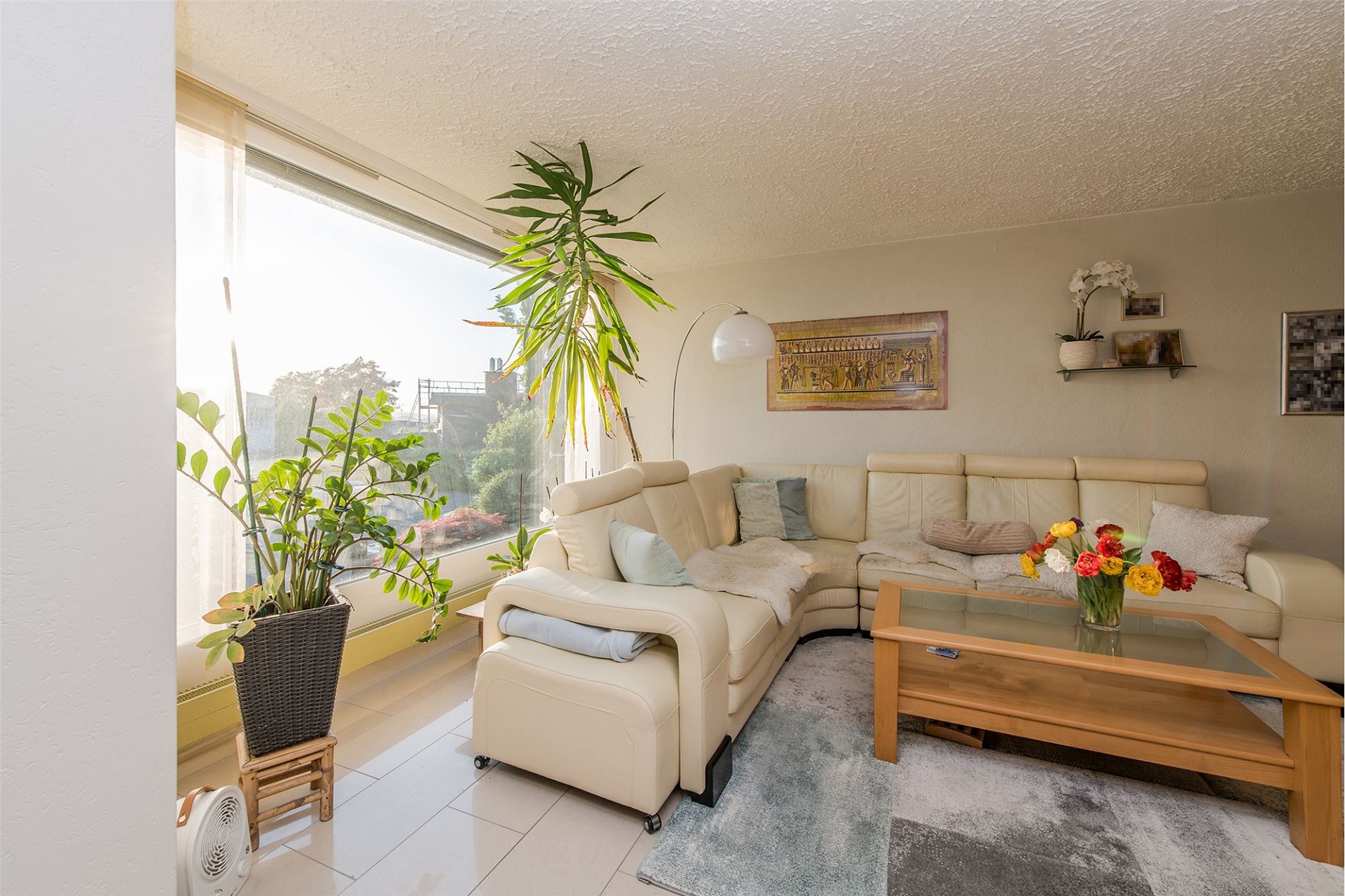 Helles Wohnzimmer mit Ecksofa und großen Fenstern