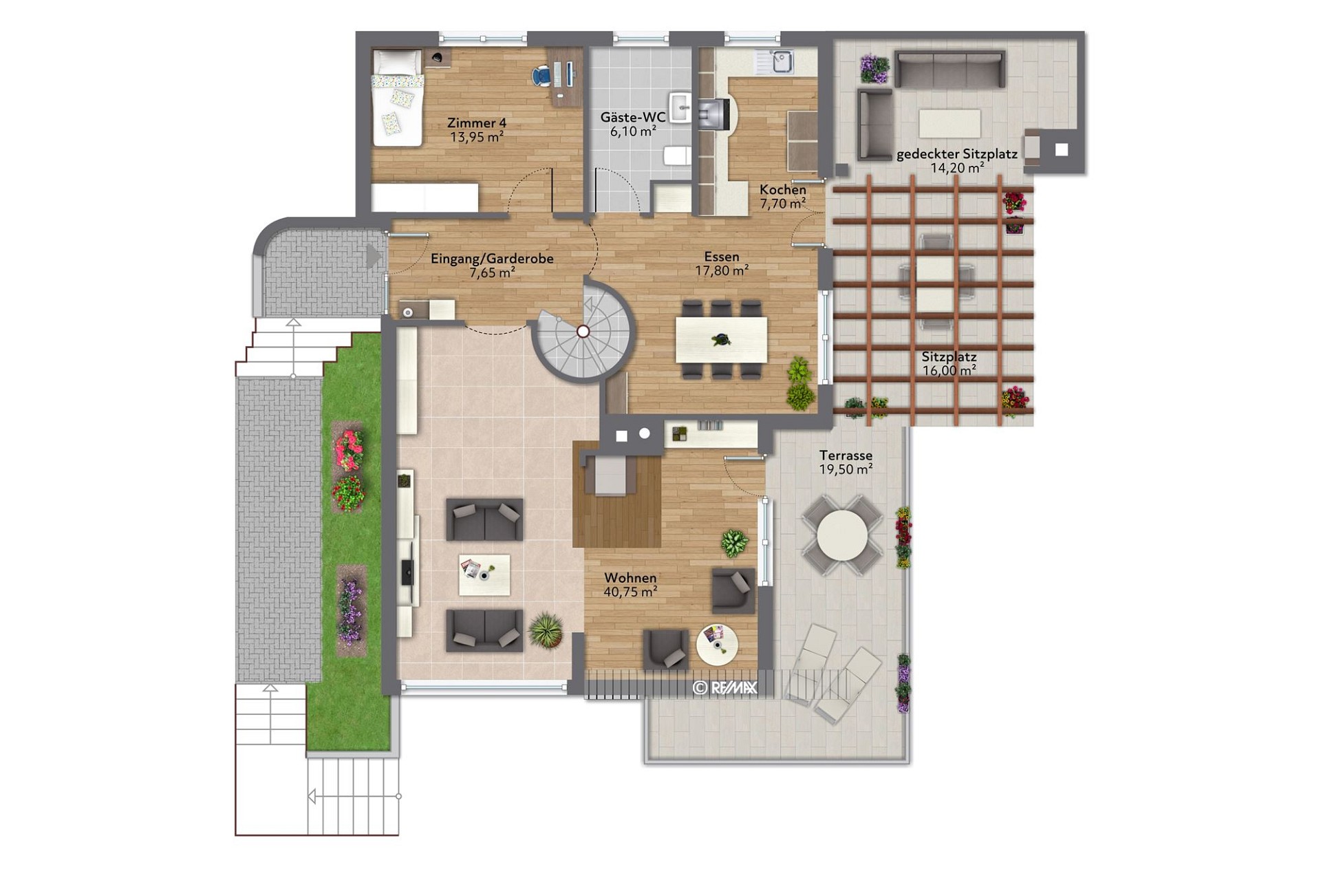 Grundriss eines Hauses mit Terrasse und Garten