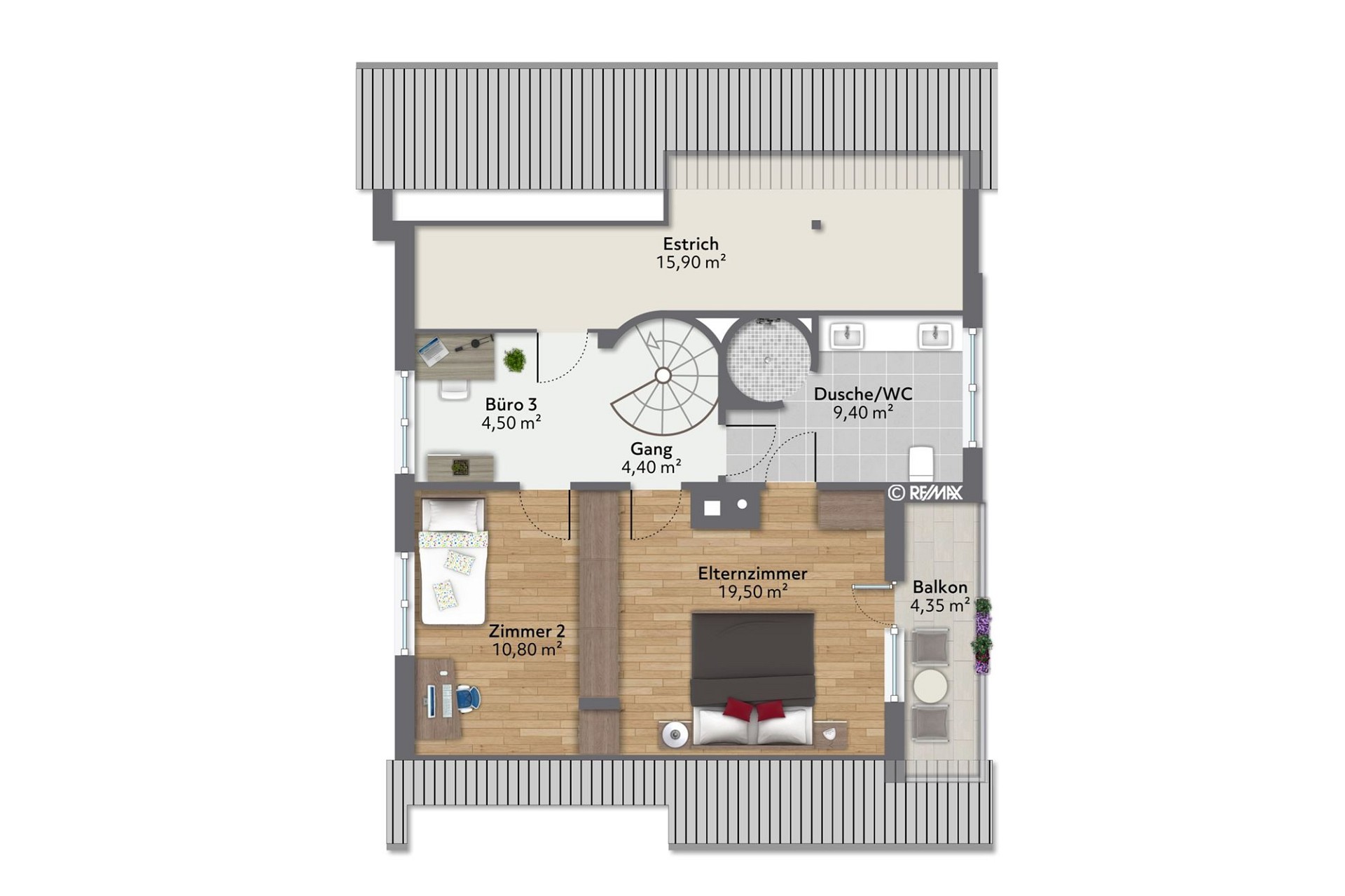 Grundriss eines Obergeschosses mit Dachterrasse