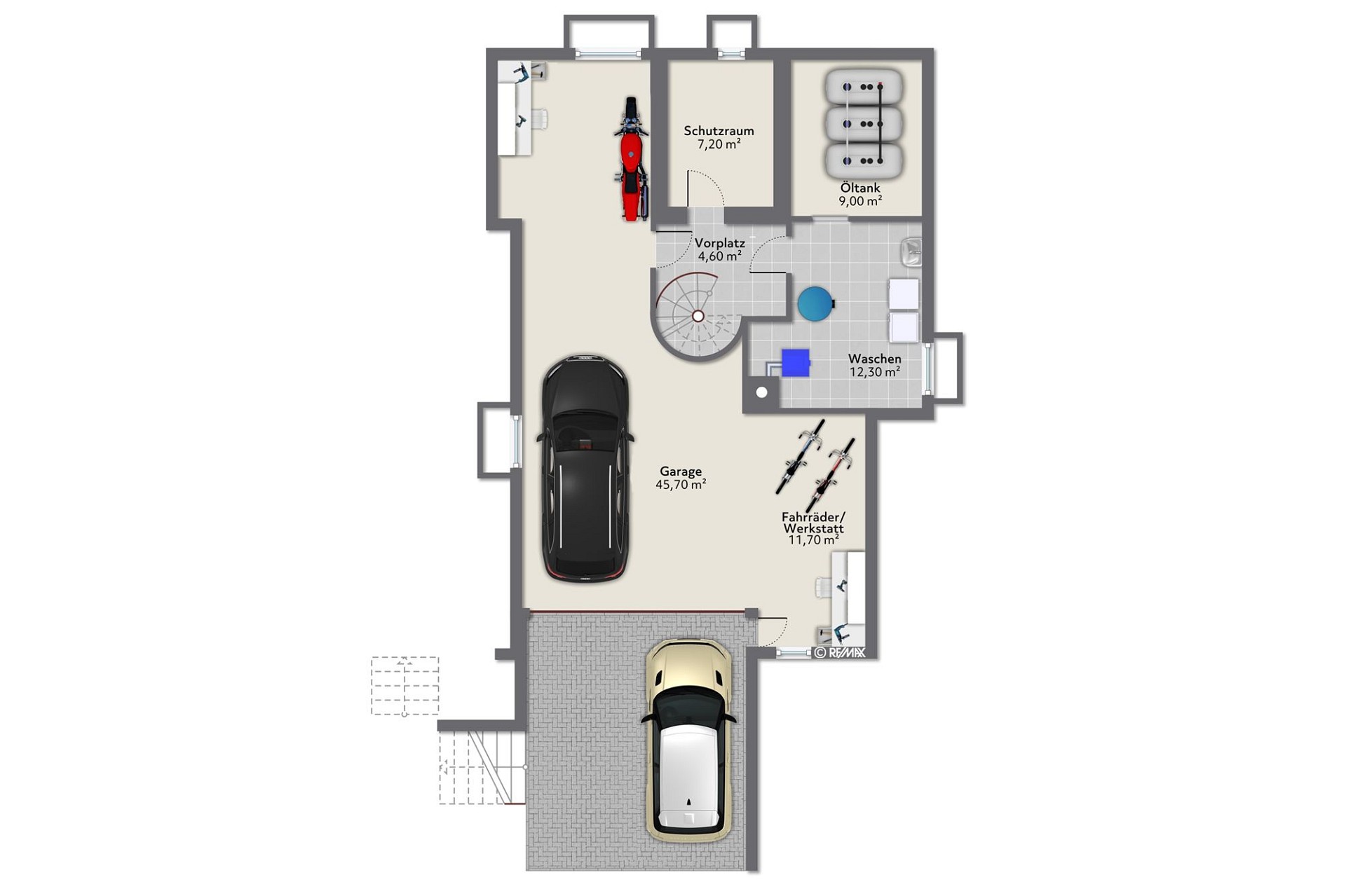 Grundriss einer Garage mit Nebenräumen