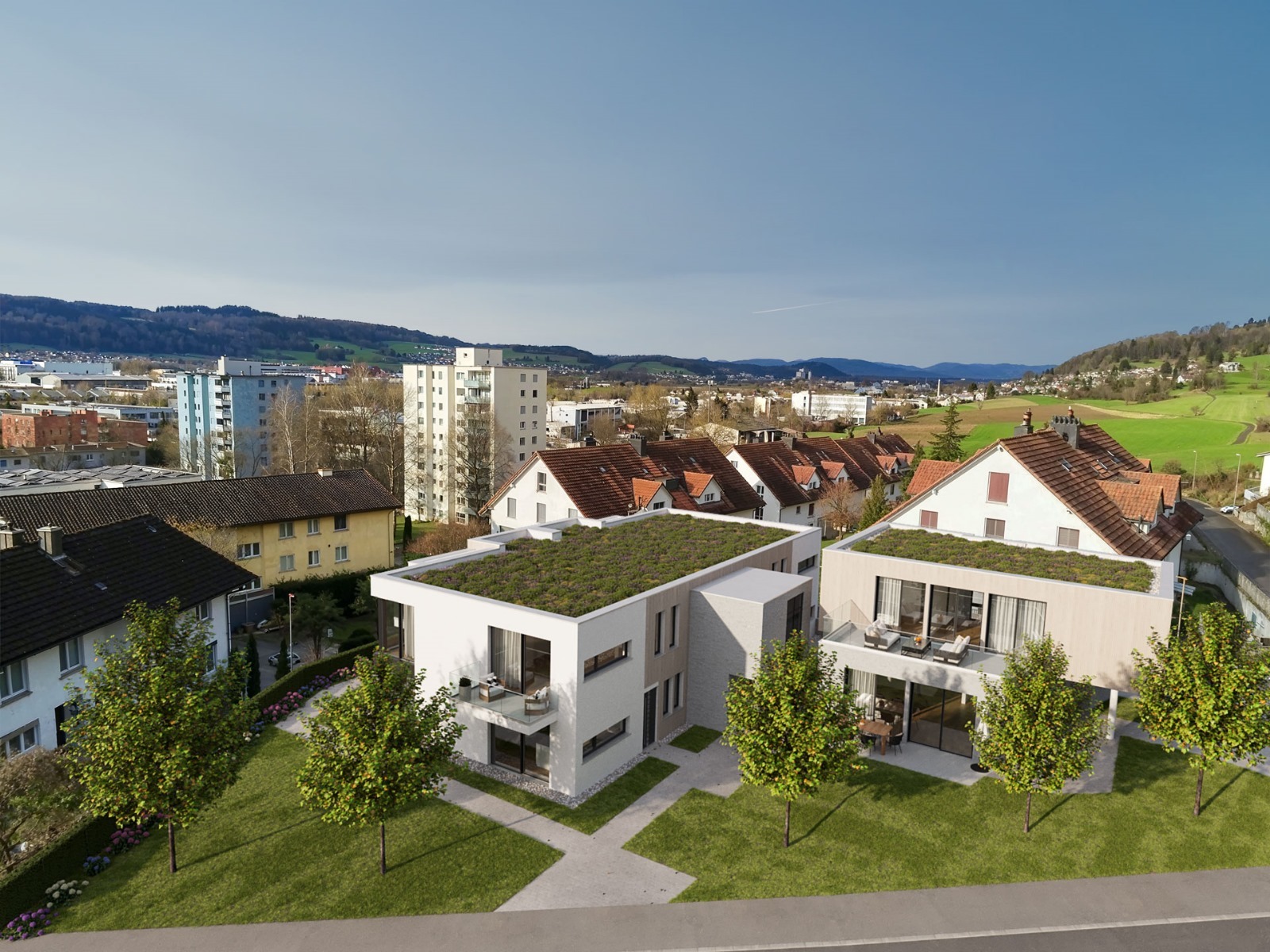 Moderne Wohnanlage mit Dachbegrünung