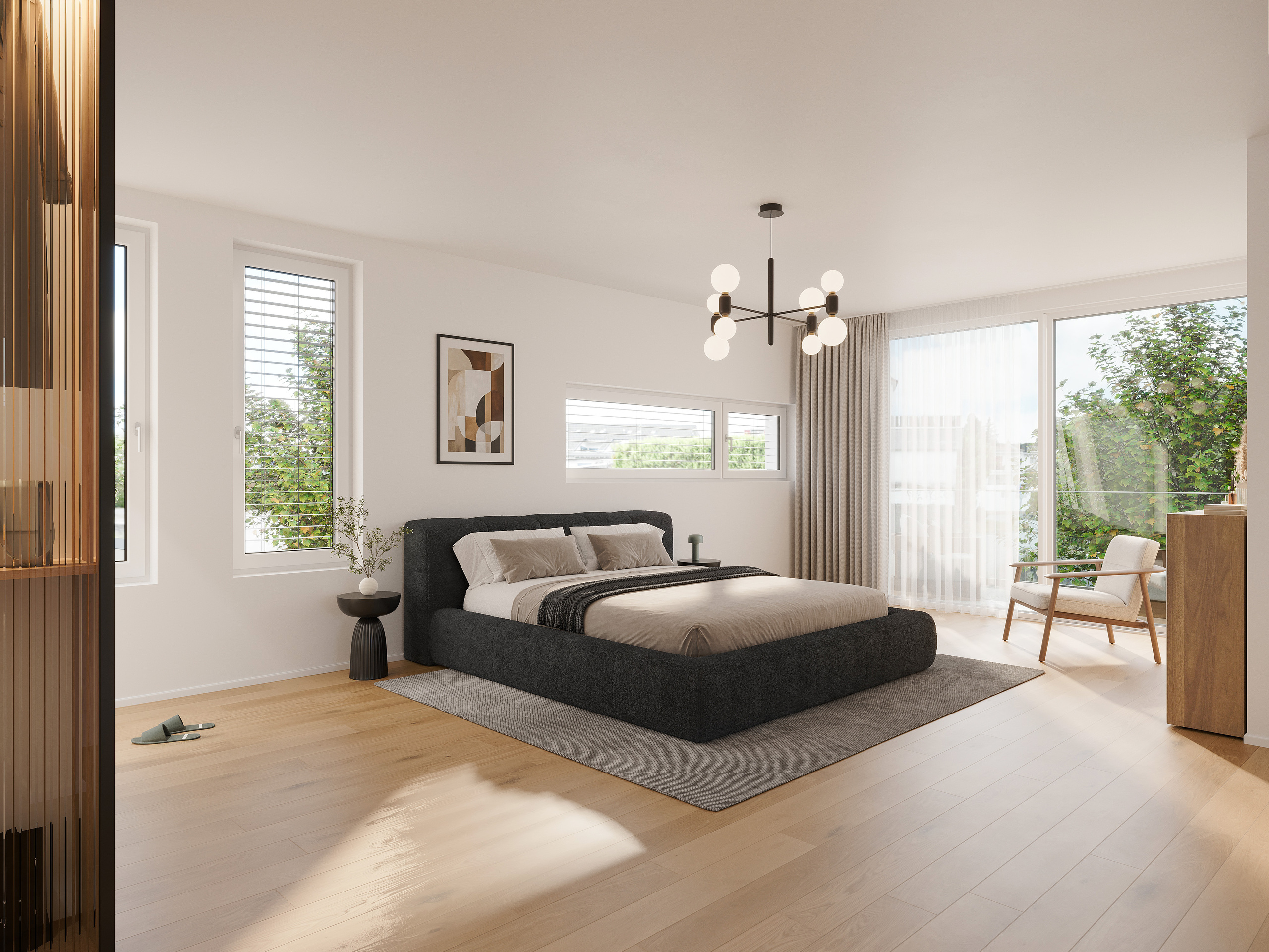 Modernes Schlafzimmer mit großen Fenstern und Balkonzugang