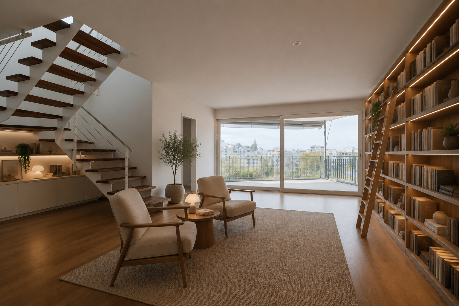 Modernes Wohn- und Lesezimmer mit Galerie