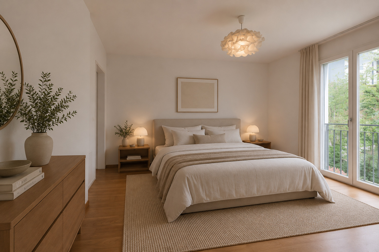 Helles, minimalistisch eingerichtetes Schlafzimmer mit Balkonblick