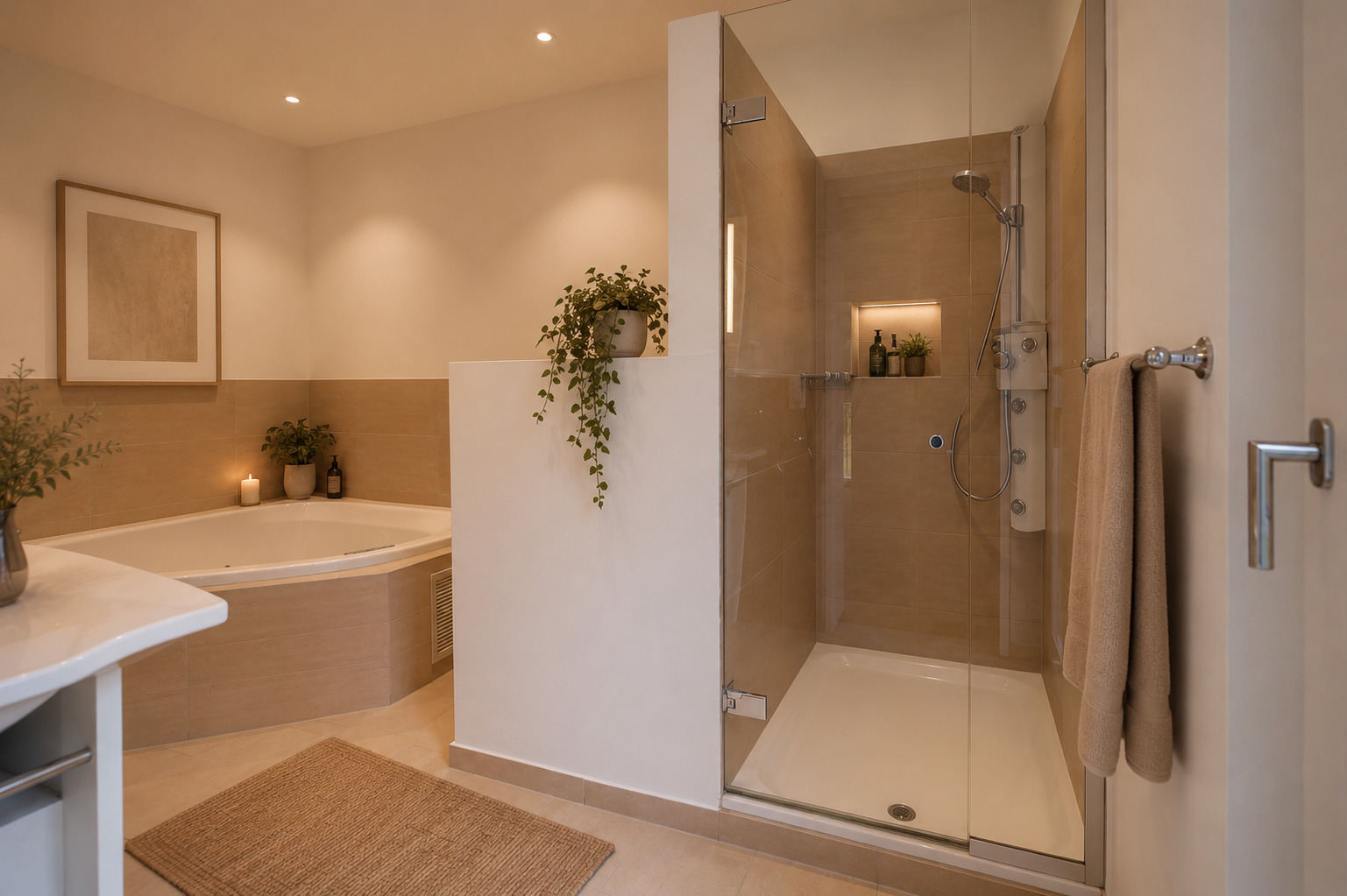 Modernes Badezimmer mit Wanne und Glasdusche