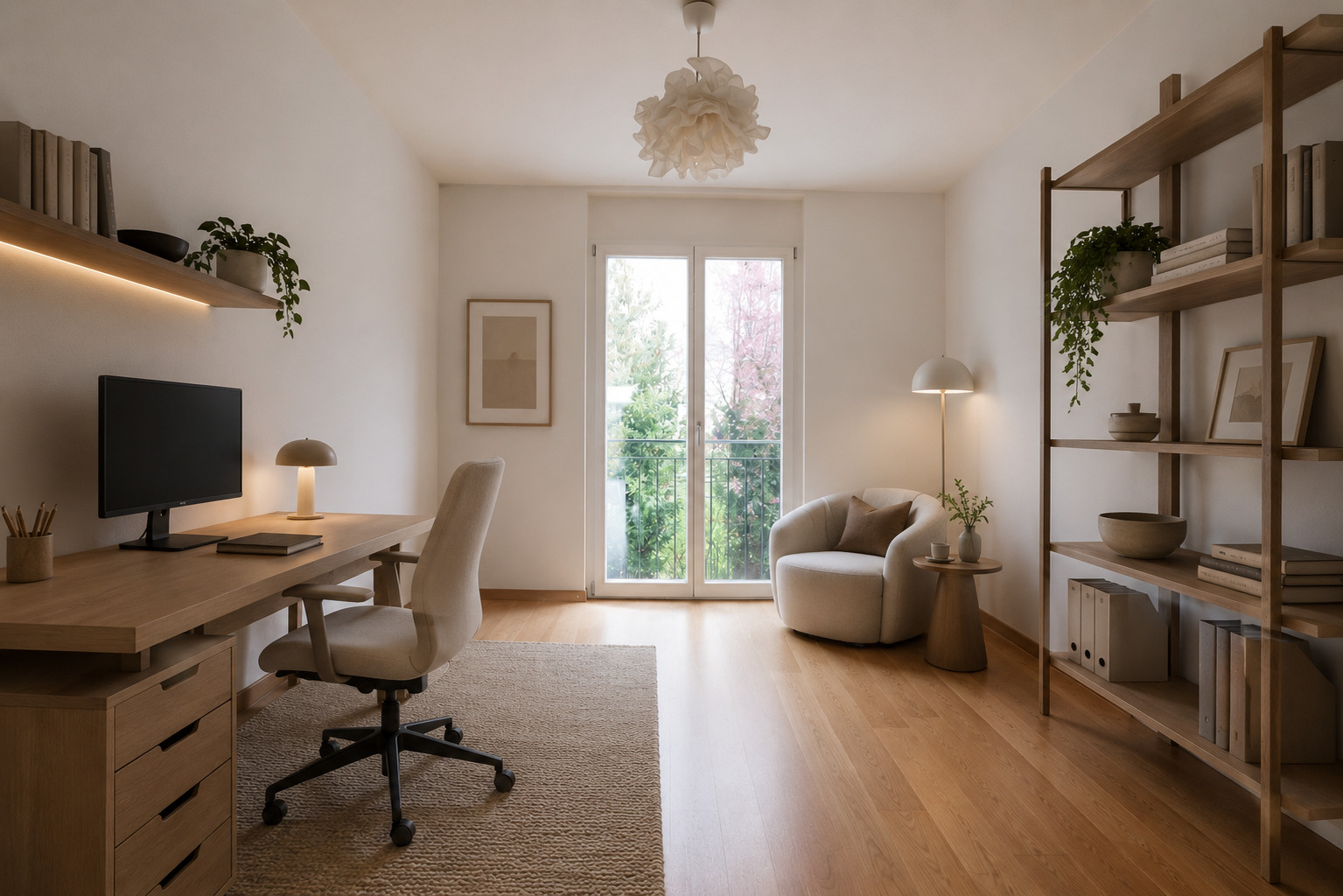 Helles Arbeitszimmer mit Lounge-Ecke
