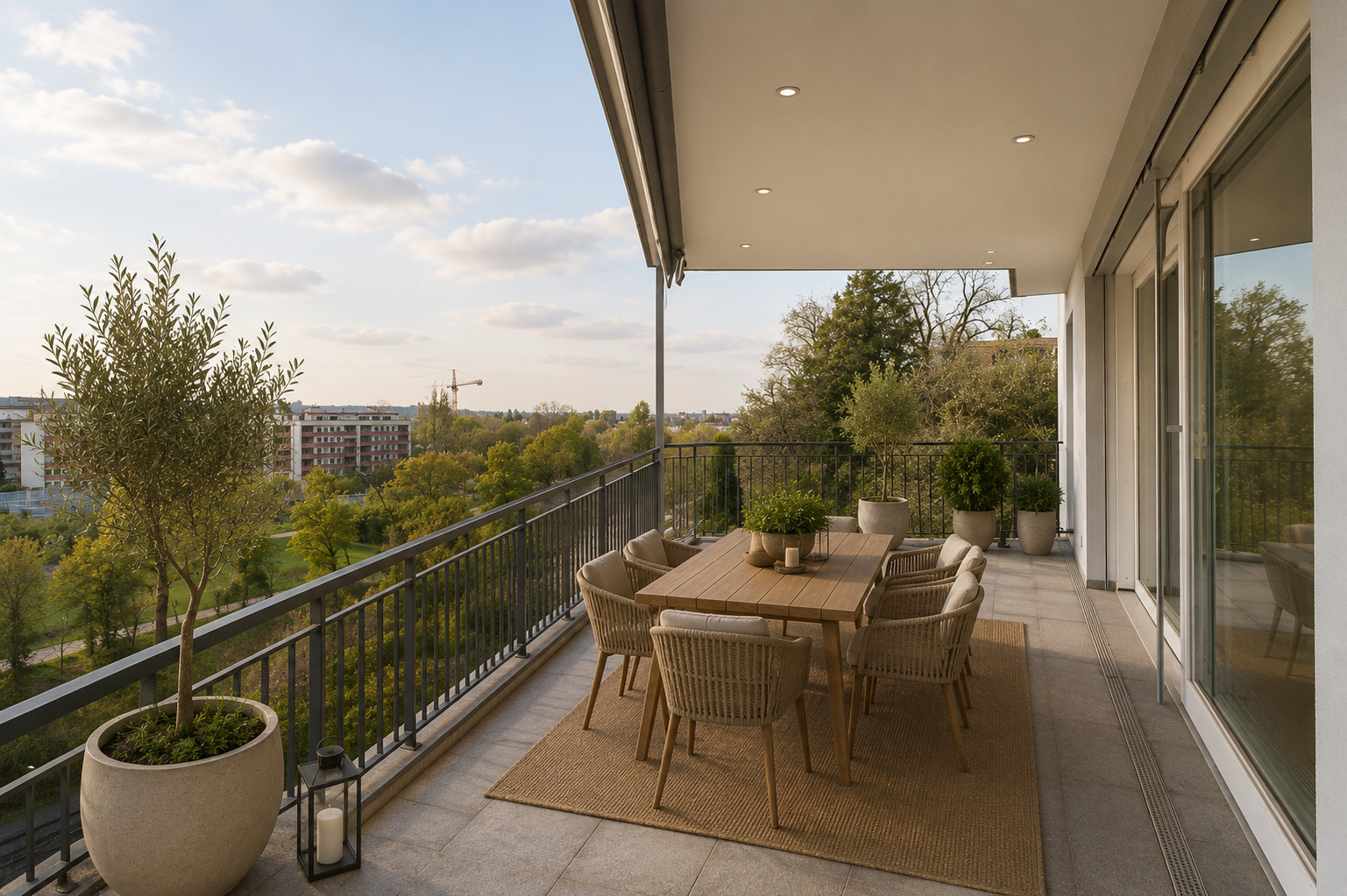 Große Balkonterrasse mit Essbereich und Grünblick