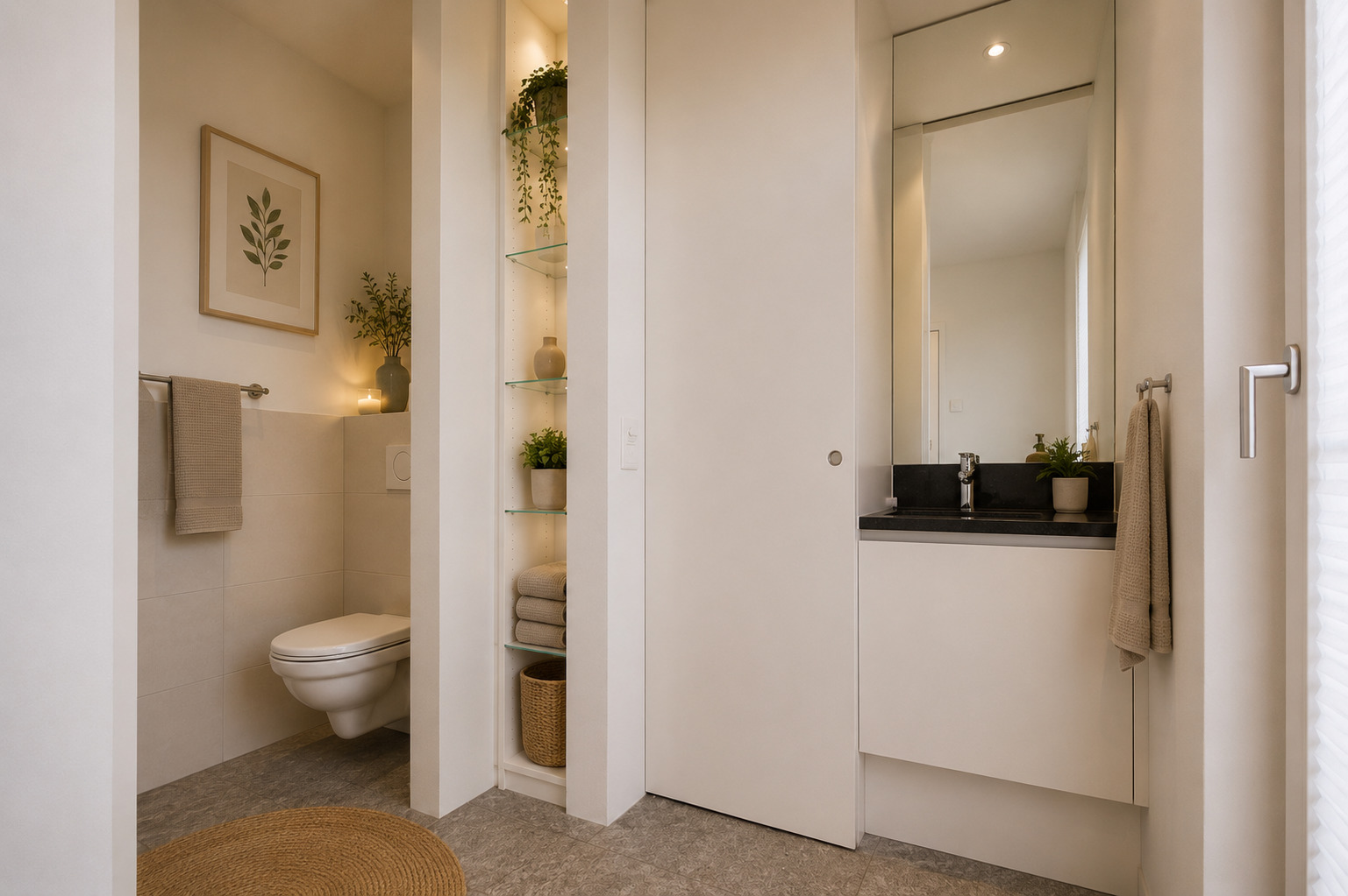 Helles, modernes Gäste-WC mit integriertem Waschtisch und Stauraum
