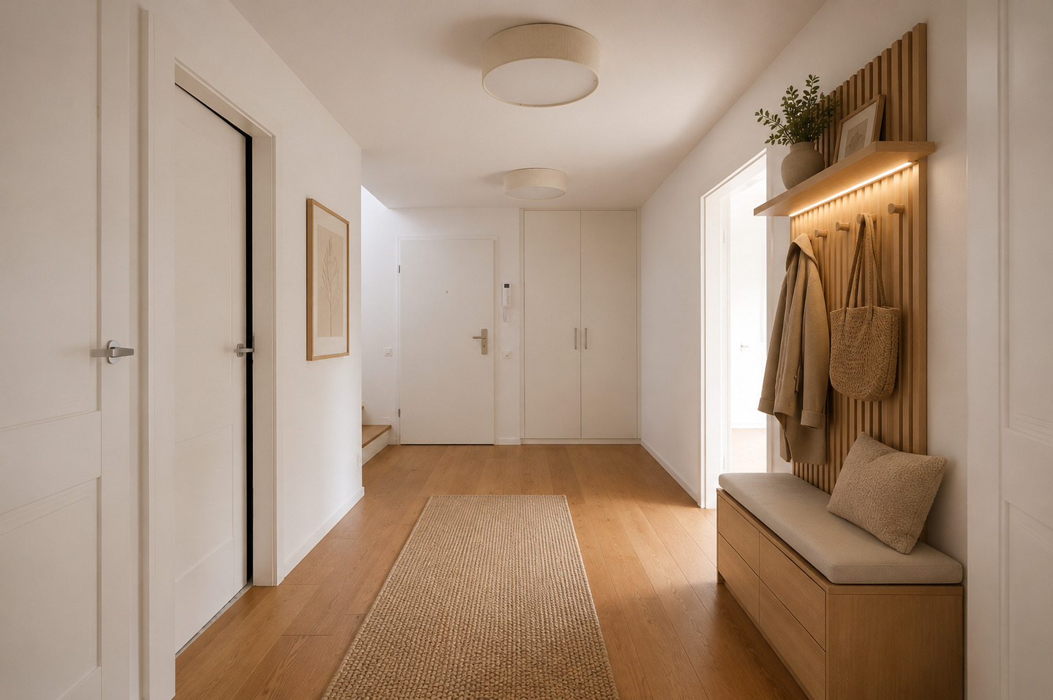 Heller, minimalistischer Eingangsflur mit Garderobe