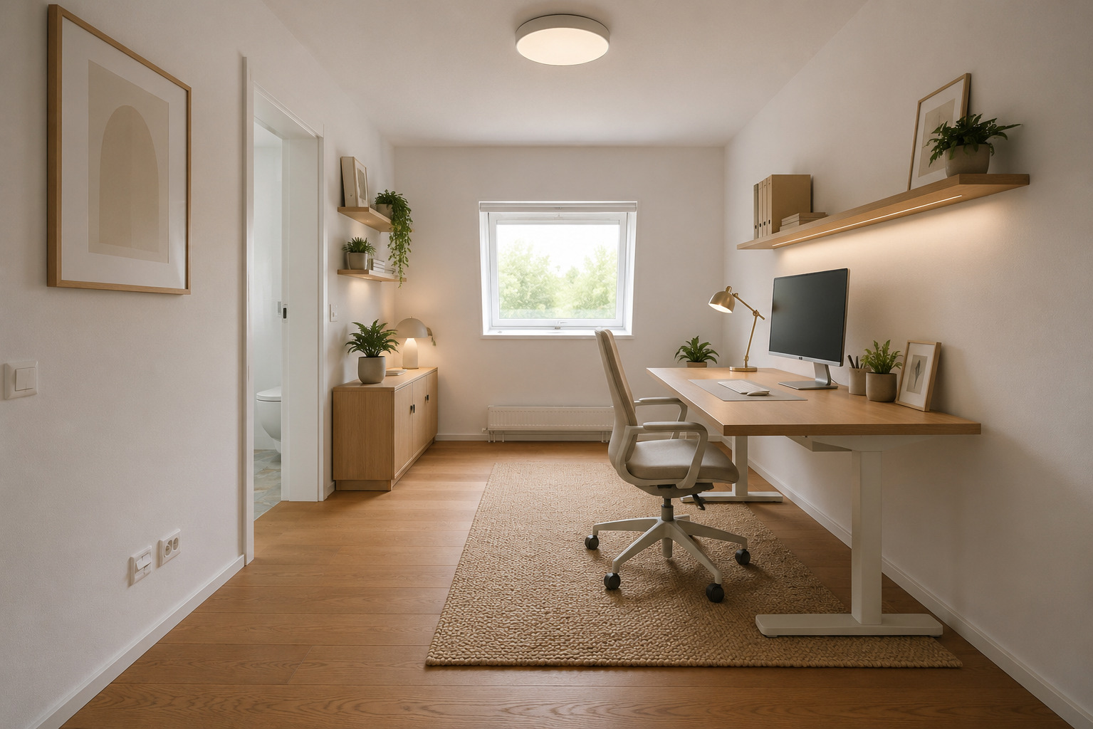 Helles Homeoffice mit Holzfußboden