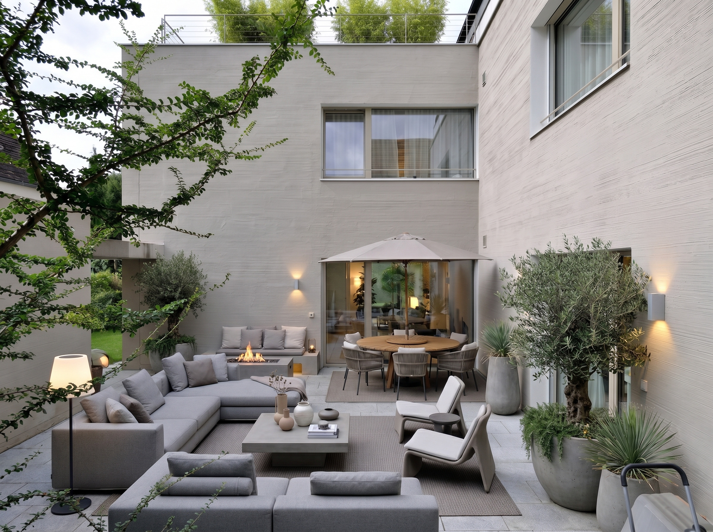Eleganter Innenhof mit Lounge- und Essbereich