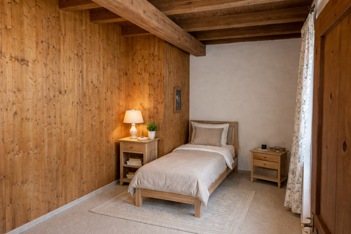 Gemütliches Schlafzimmer mit Holzwänden