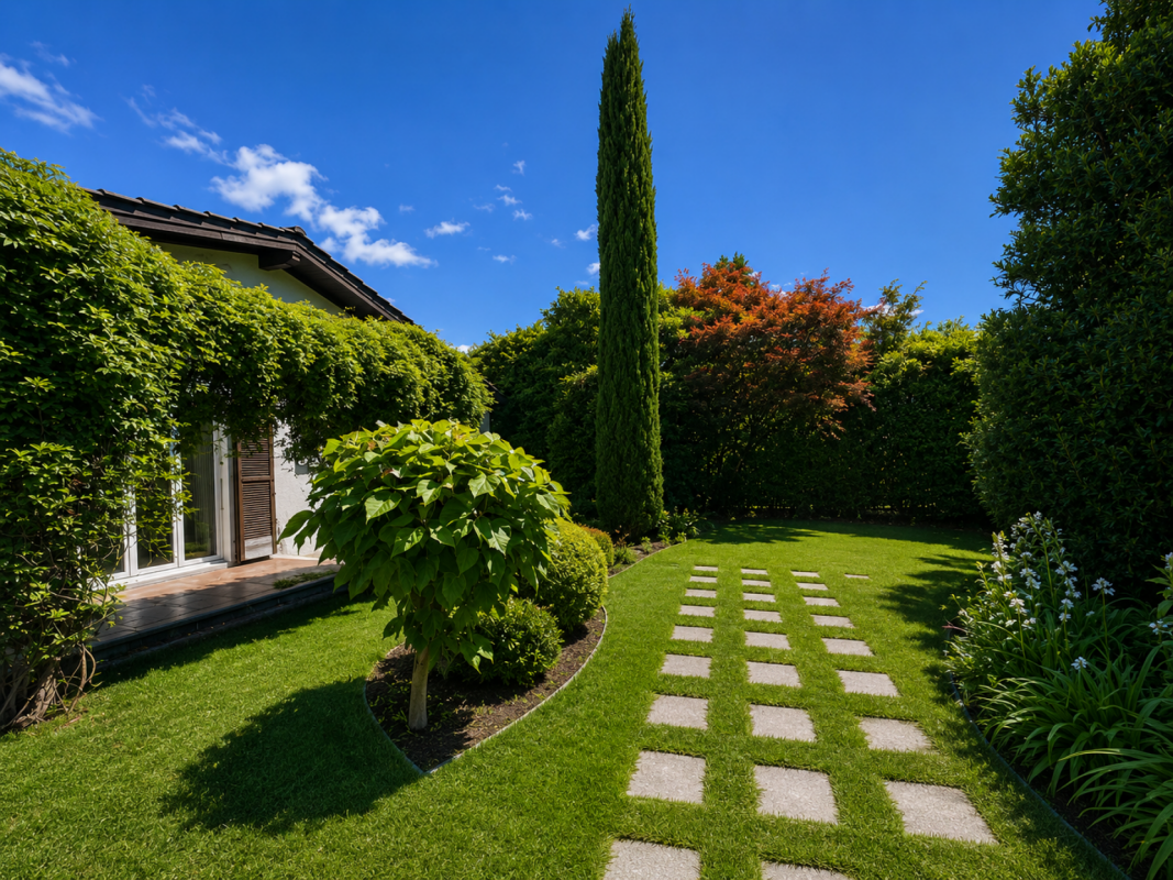 Pflegeleichter Garten mit Steinweg und dichter Bepflanzung