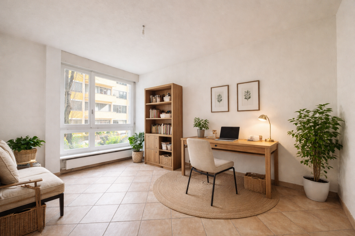 Helles Arbeitszimmer mit Fensterfront