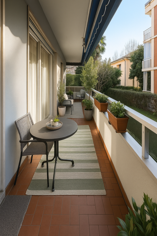 Balkon mit Sitzbereich und Blick ins Grüne