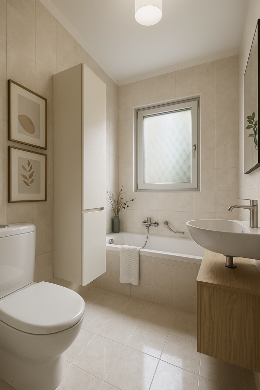 Modernes Badezimmer in hellen Beigetönen