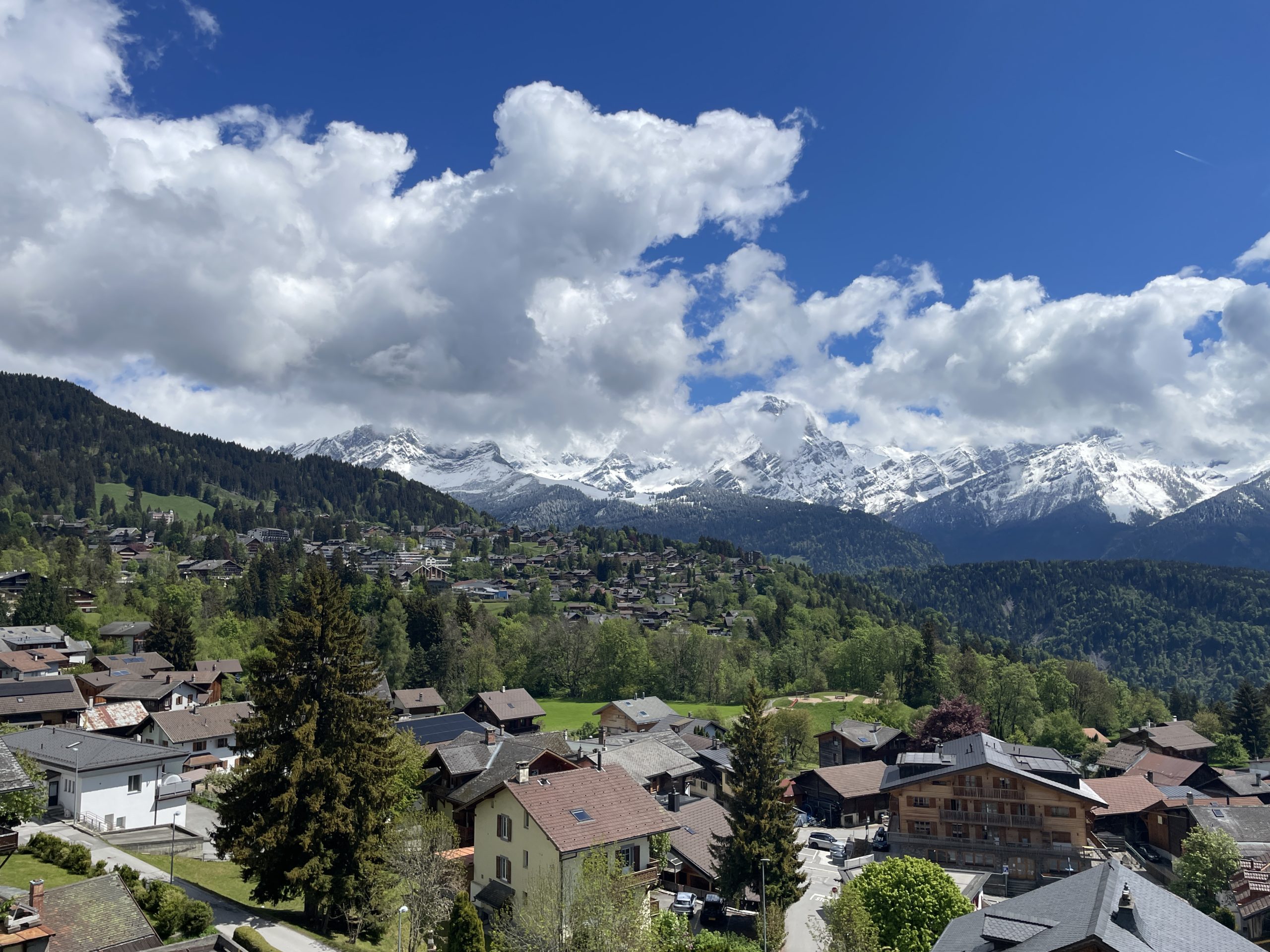 Alpenpanorama über einer Siedlung
