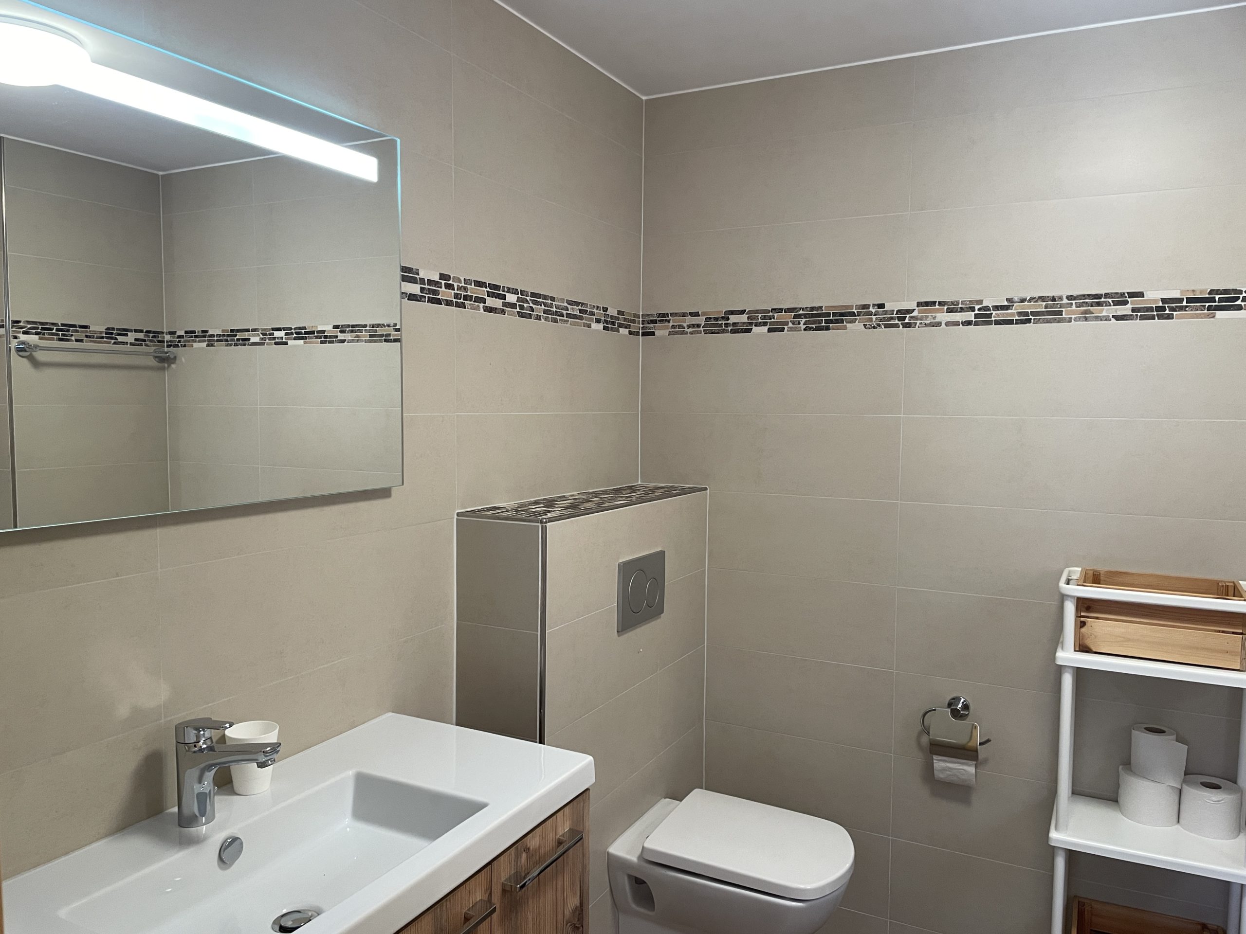 Modernes Badezimmer mit Wand-WC und Waschtisch