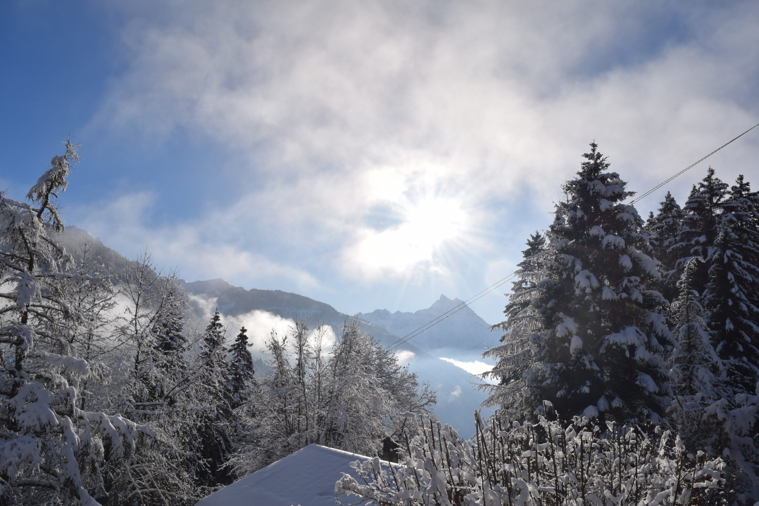 Verschneite Berglandschaft mit Sonne und Wald