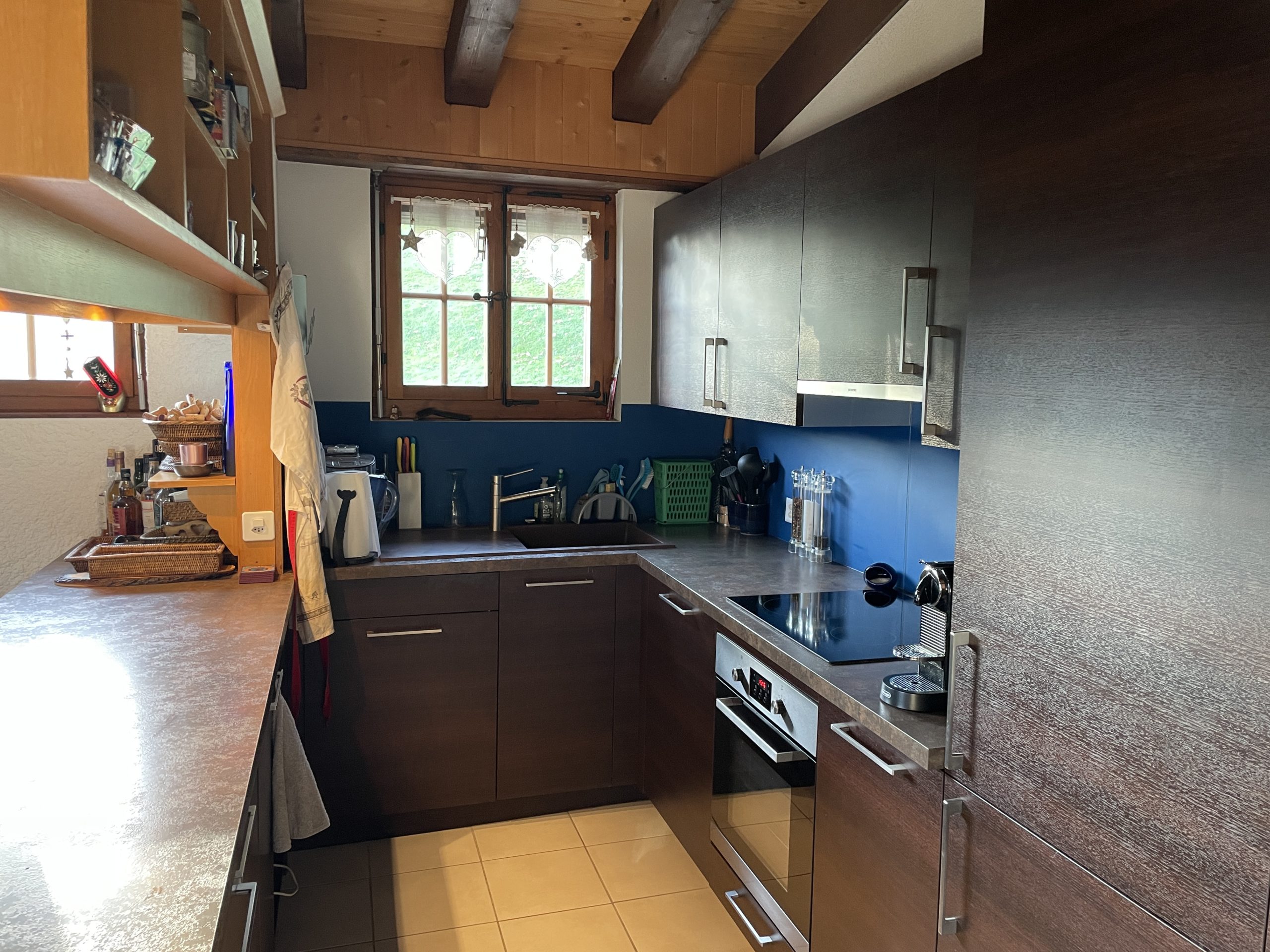 Kompakte Küche mit dunklen Fronten und Holzdecke