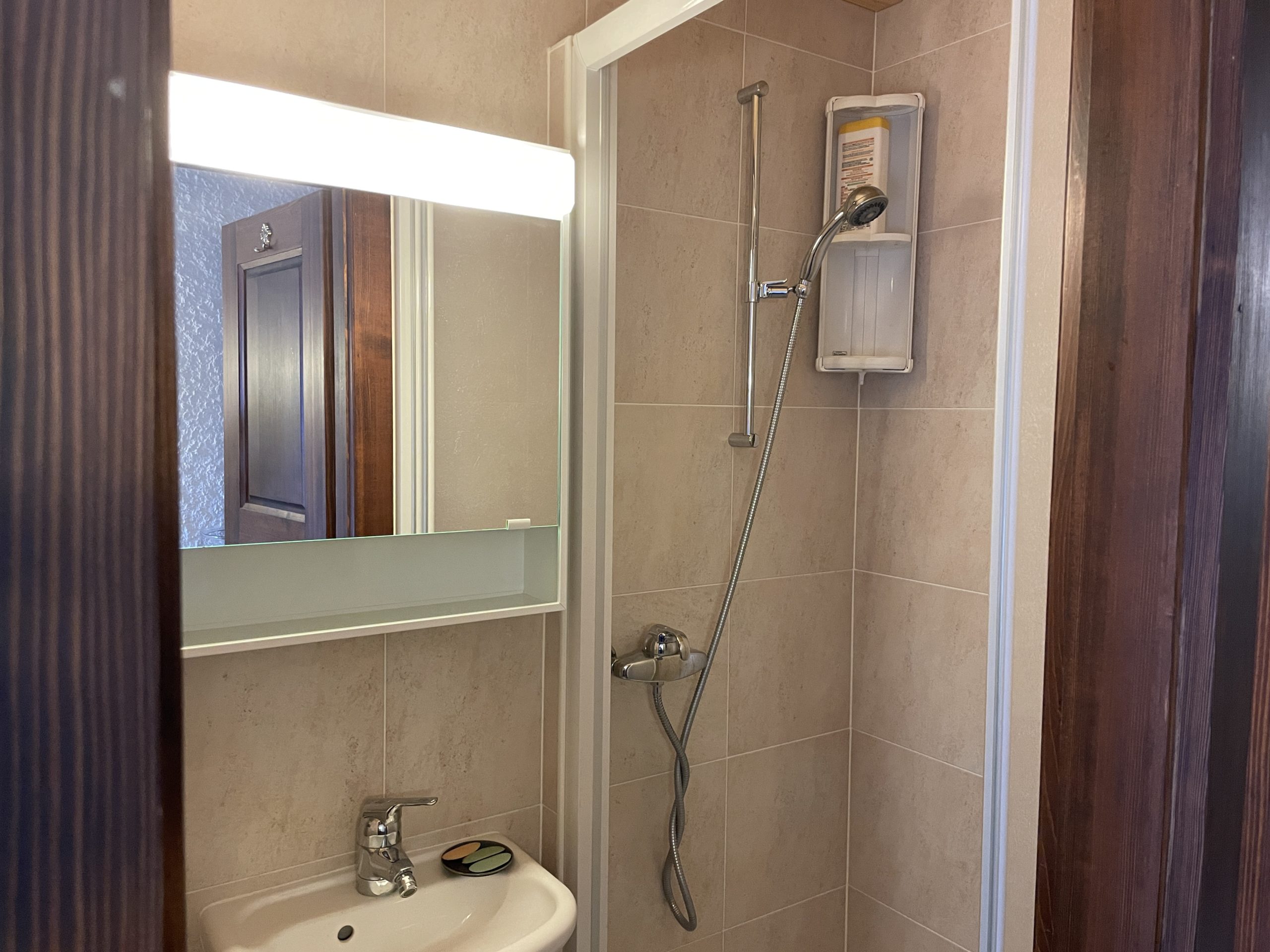Kleines Badezimmer mit Dusche und Waschbecken