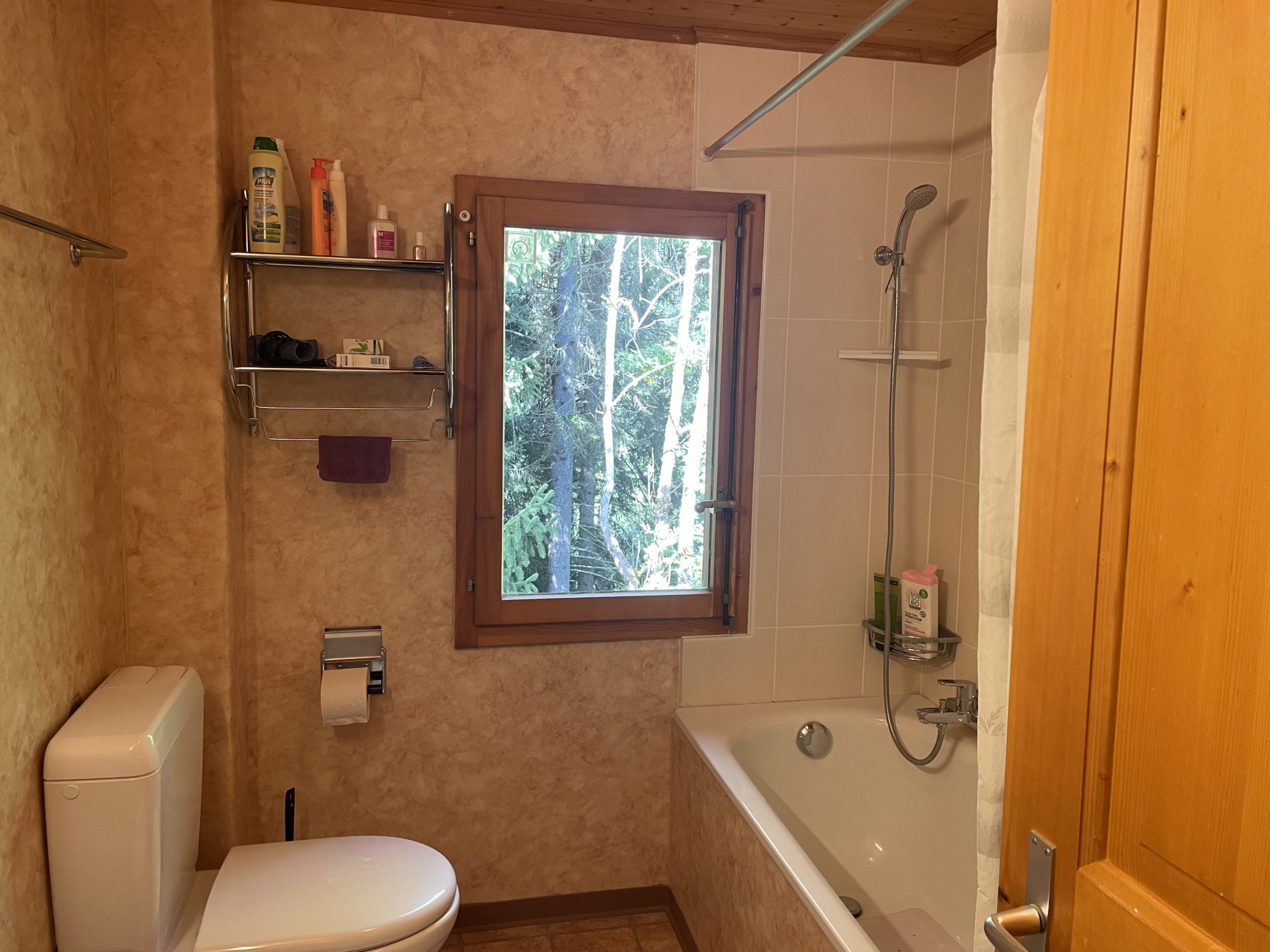 Badezimmer mit Badewanne und Fensterblick