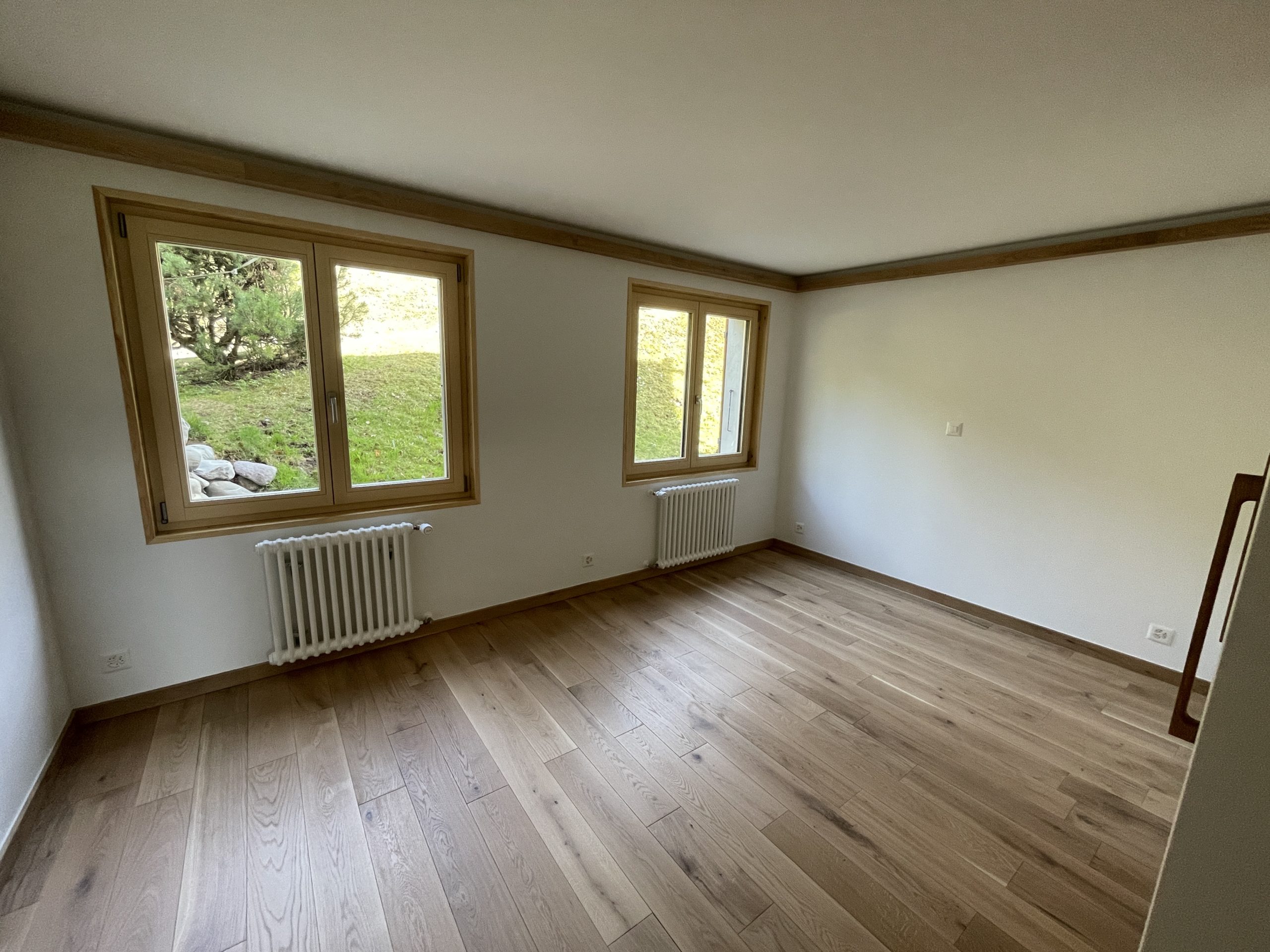 Leerer, renovierter Raum mit Holzfußboden