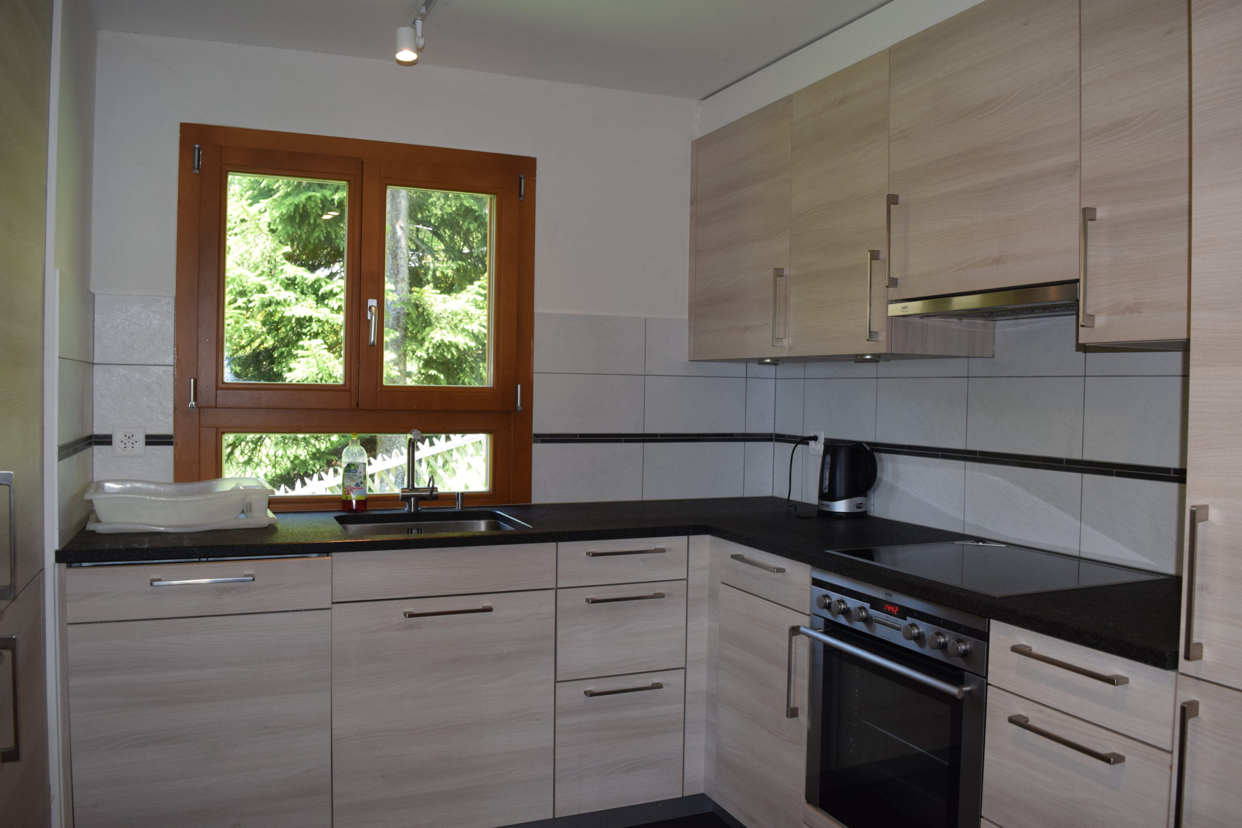 Moderne Eckküche mit Fensterblick