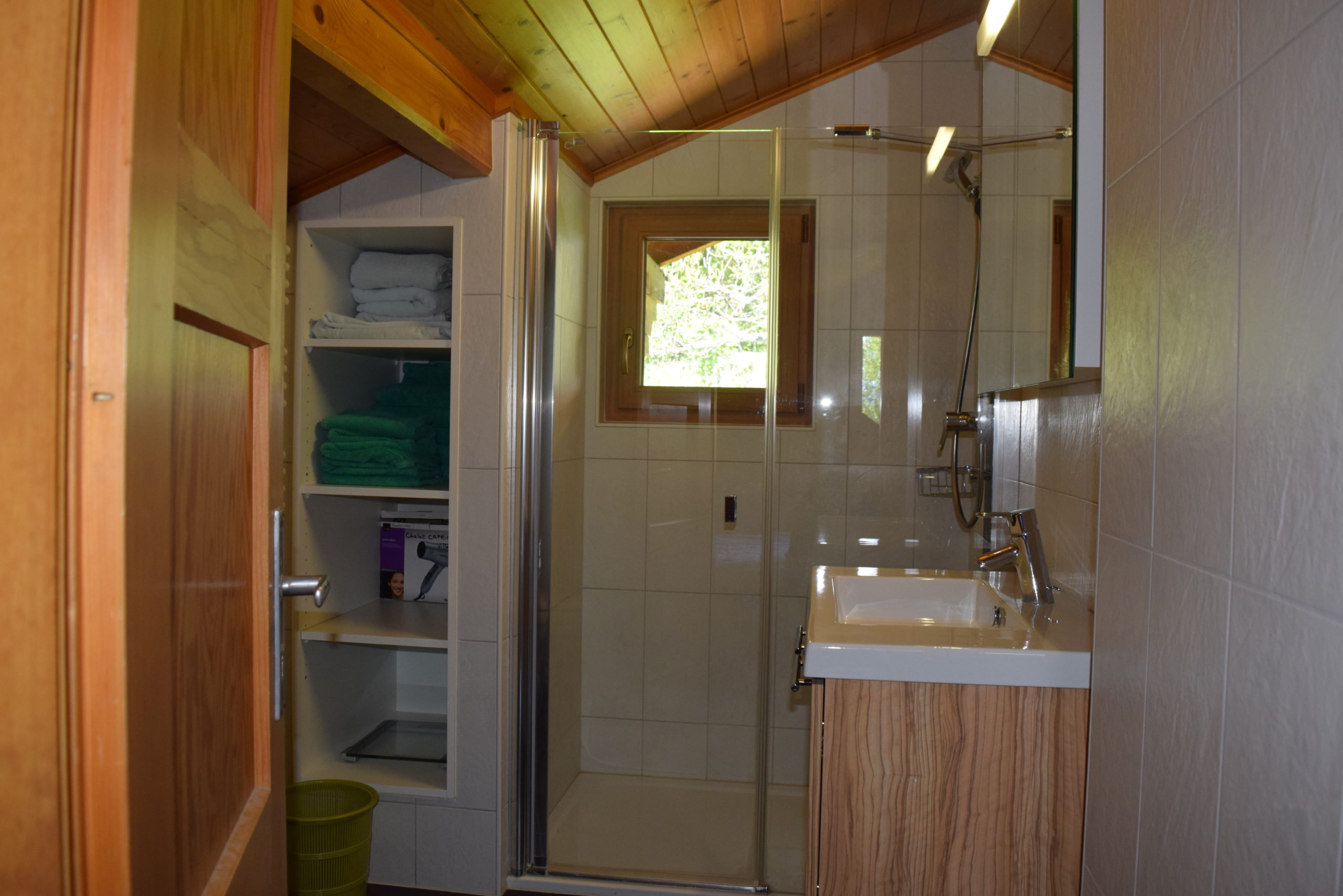 Badezimmer mit Dusche und Holzdecke
