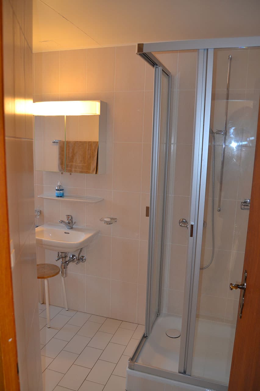 Badezimmer mit Dusche und Waschtisch