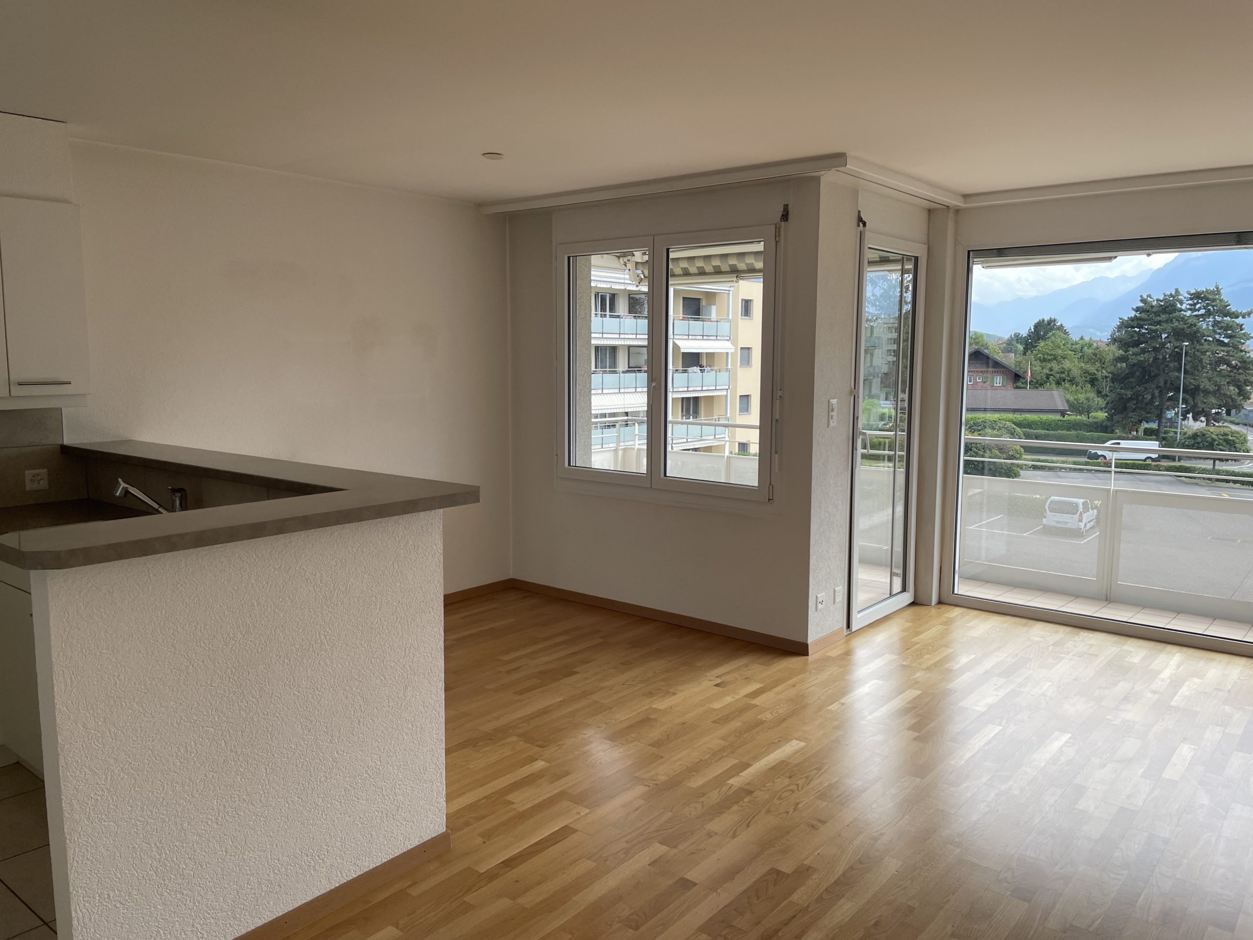 Helles Wohn-Esszimmer mit Balkon und Blick ins Grüne